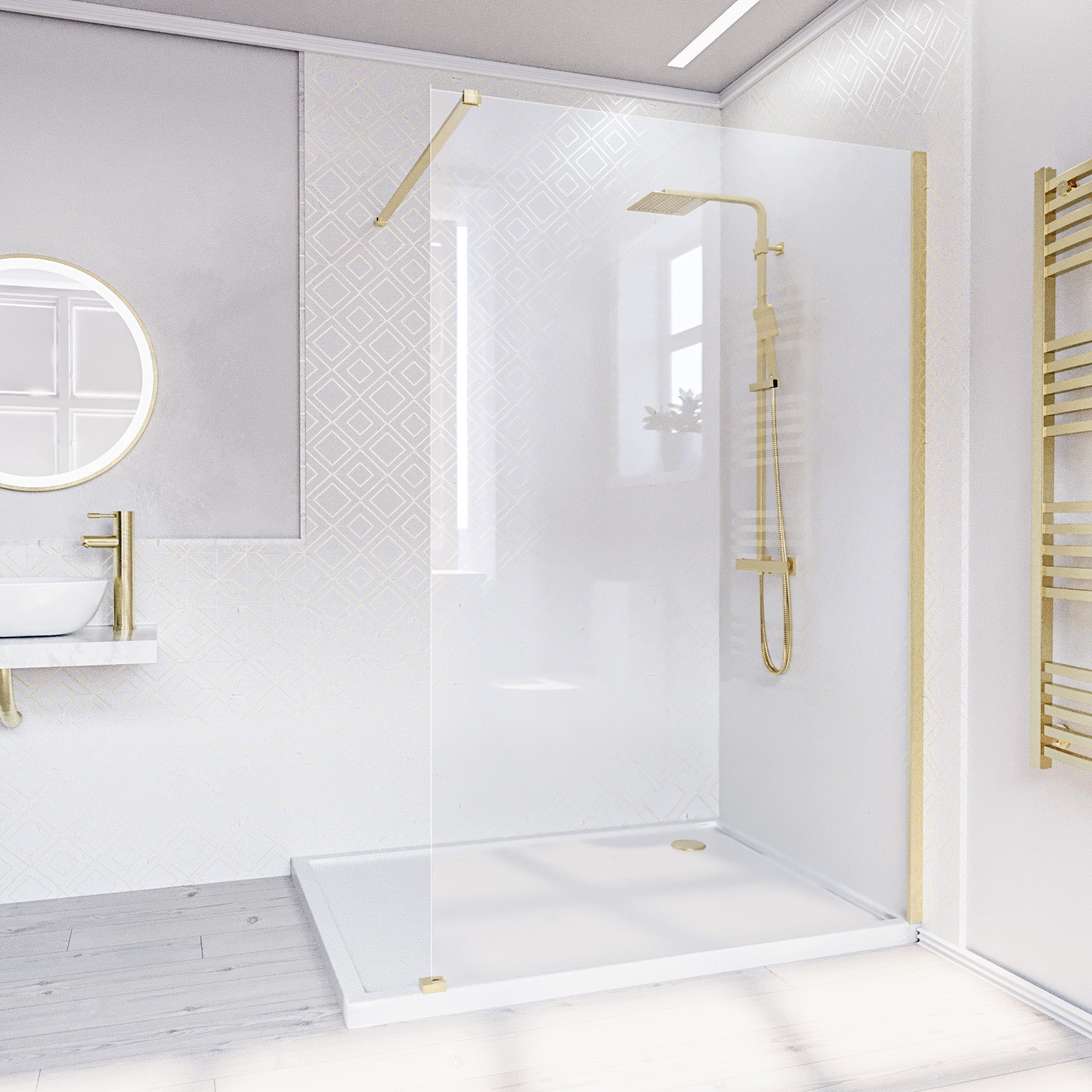 Brushed Brass 1200mm Wet Room Screen & Support Bar