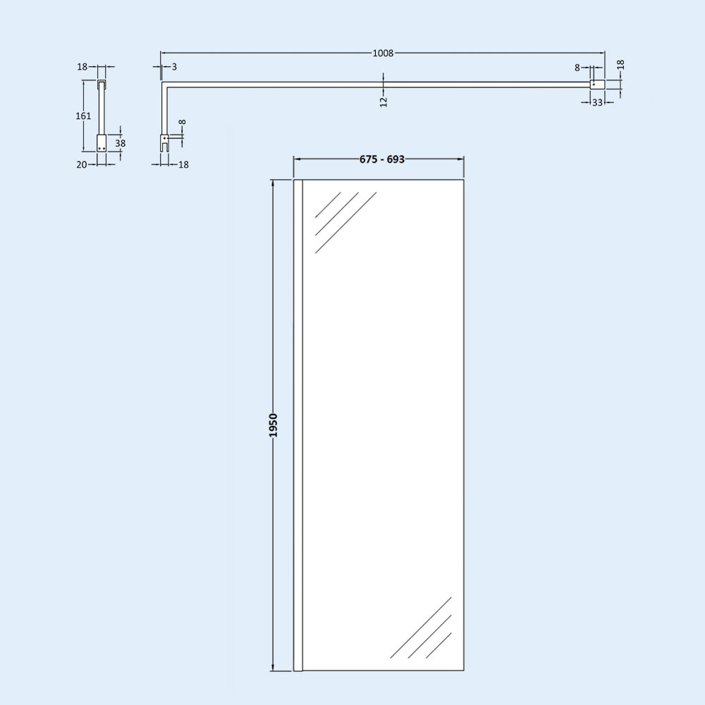 700mm Chrome Wet Room Shower Screen & 1000mm Support Bar Set