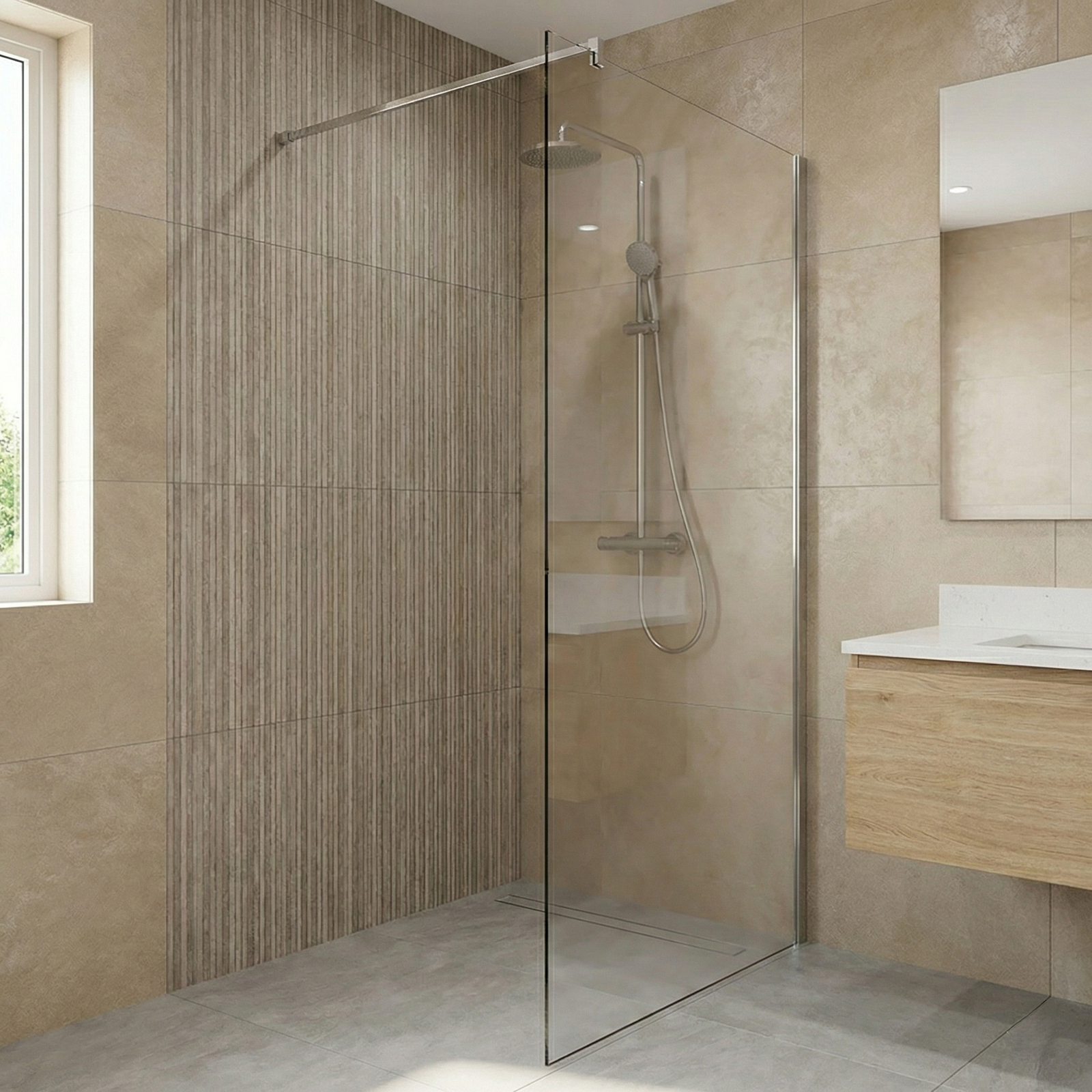 700mm Chrome Wet Room Shower Screen & 1000mm Support Bar Set