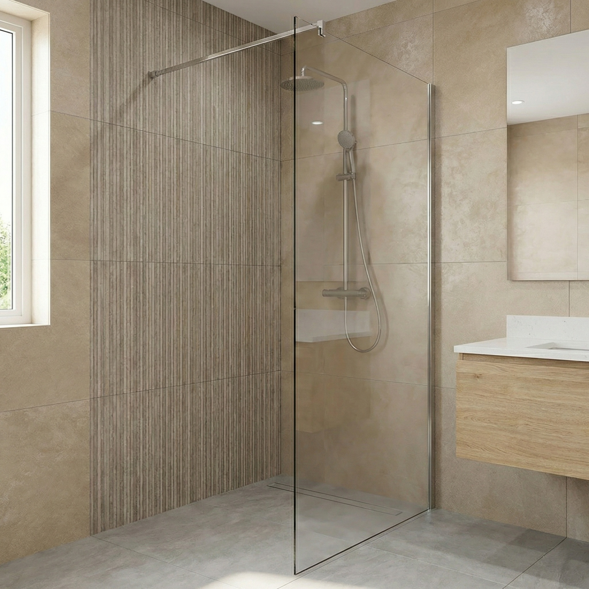 700mm Chrome Wet Room Shower Screen & 1000mm Support Bar Set