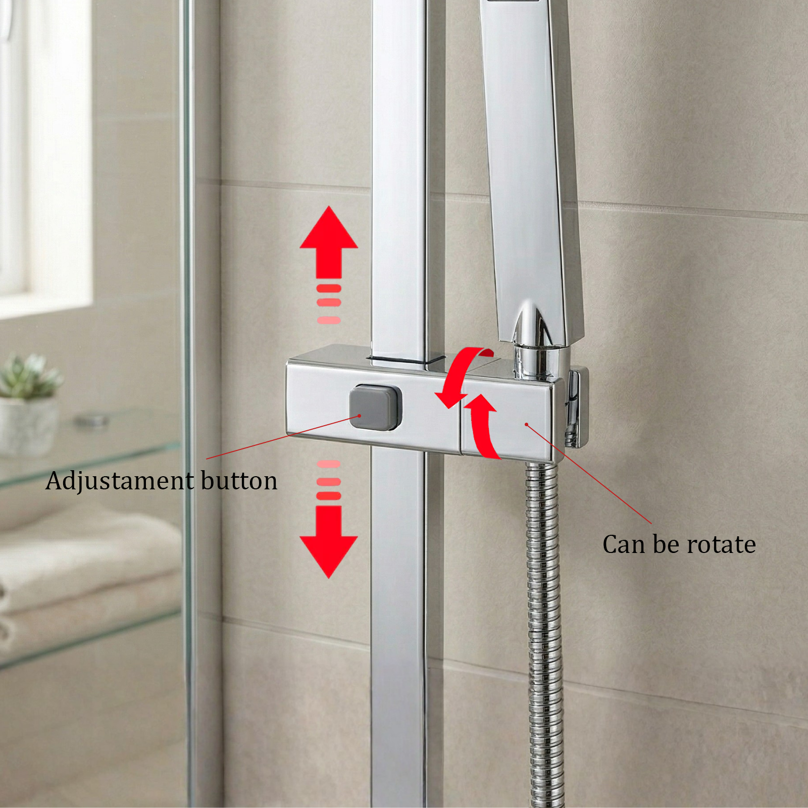 Rotatable Adjustable Showerhead Holder Slider Bracket Chrome for Rectangular Shower Rail 18mm D x 30mm W