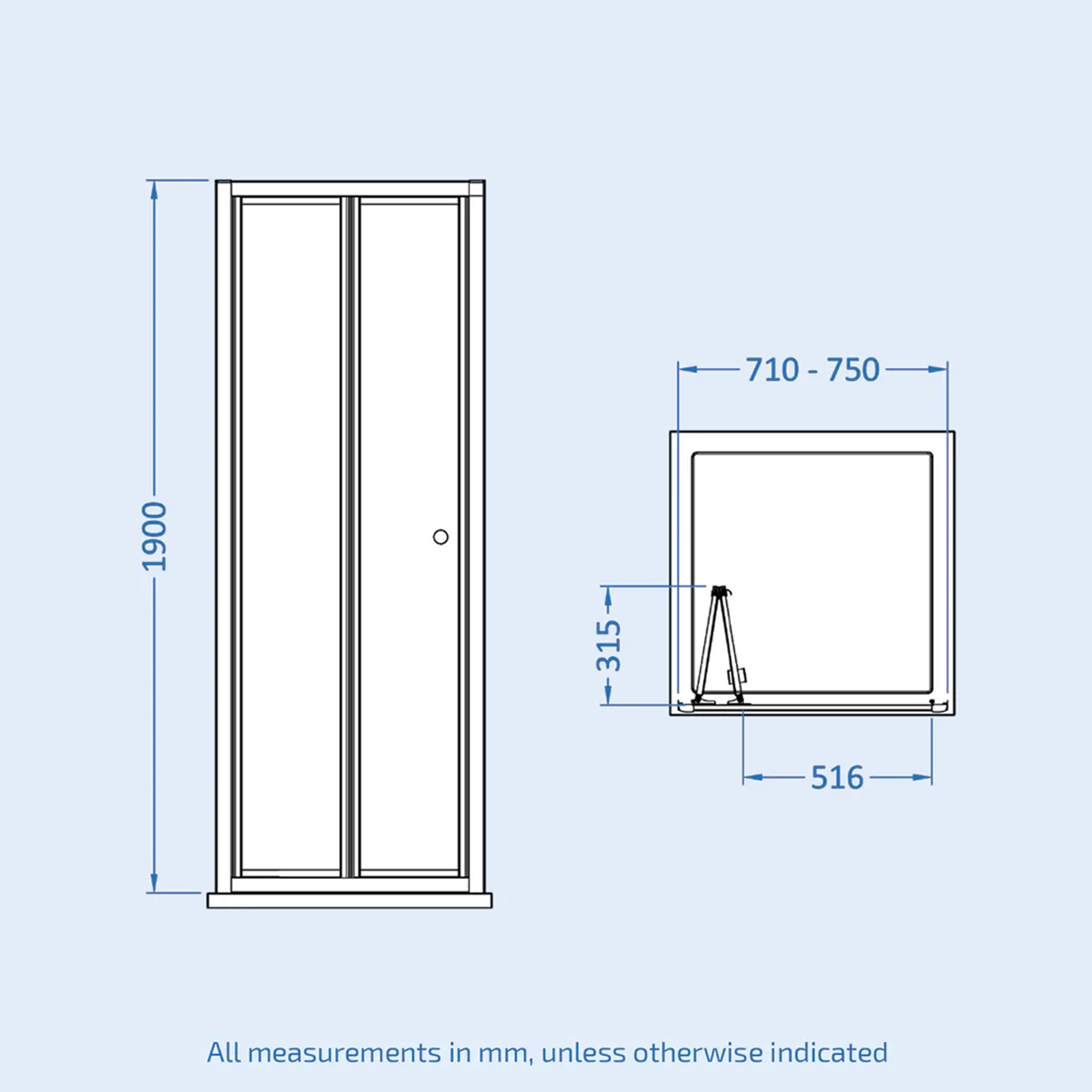 Chrome 760mm W x 1900mm H Bi-Fold Shower Door Tempered Glass