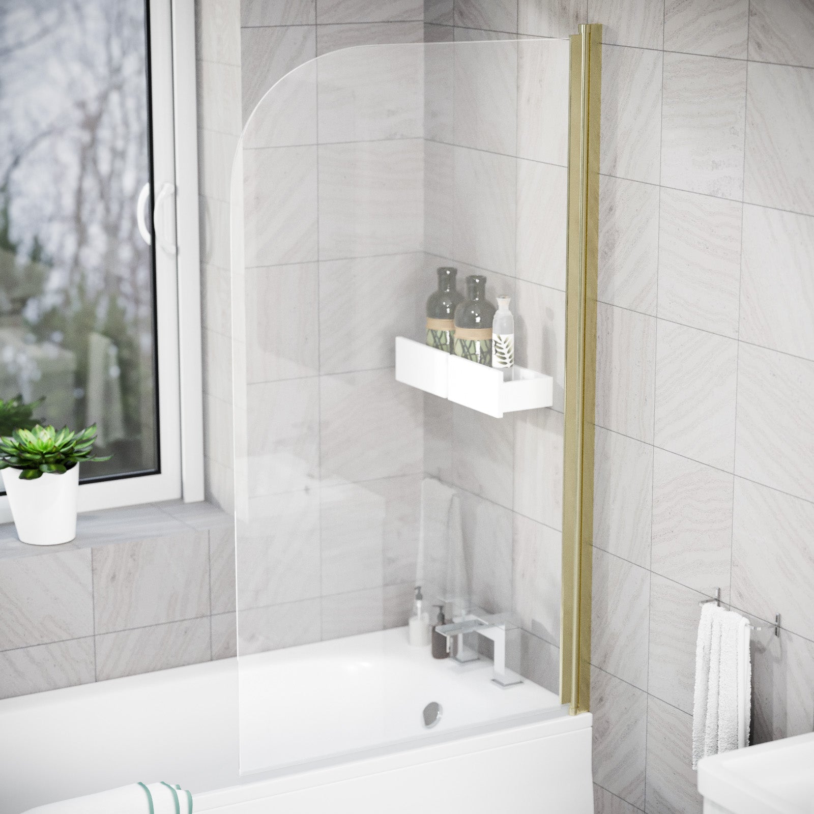 Brushed Brass 800mm Frameless Curved Pivot Bath Shower Screen Door