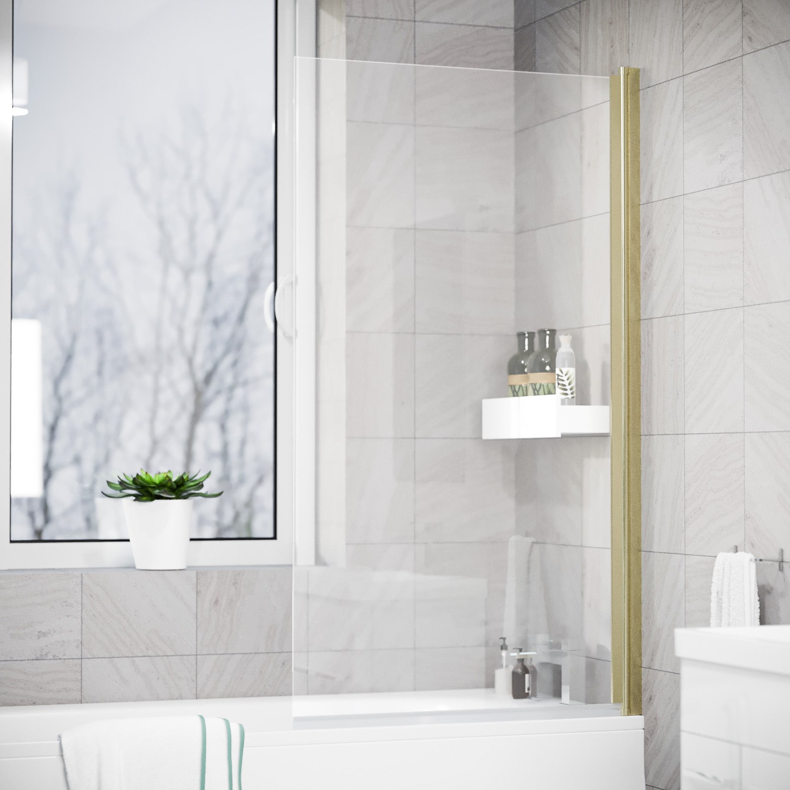 Brushed Brass 800mm Framed Pivot Swing Door Bath Screen Reversible