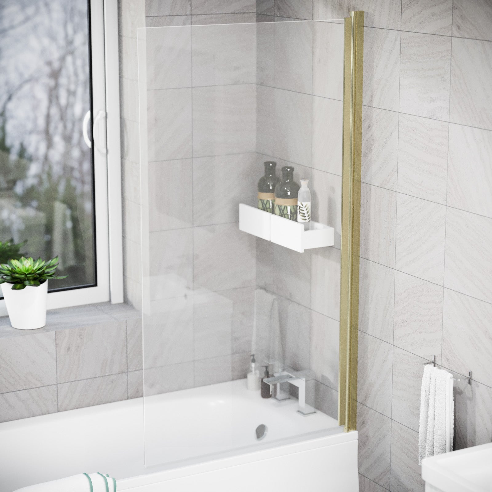 Brushed Brass 800mm Framed Pivot Swing Door Bath Screen Reversible