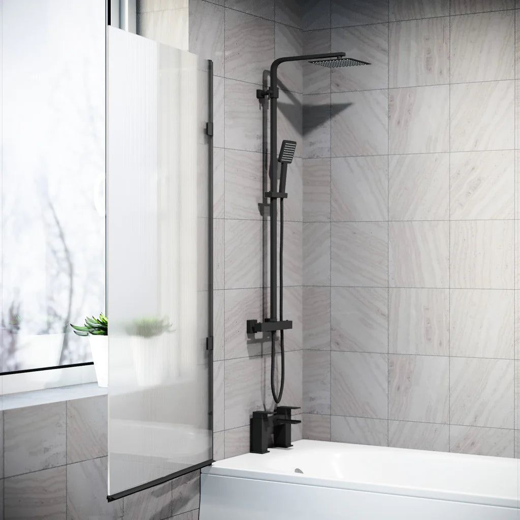 Matte Black 800mm Fluted Bath Screen with Matte Black Aluminium and Parts