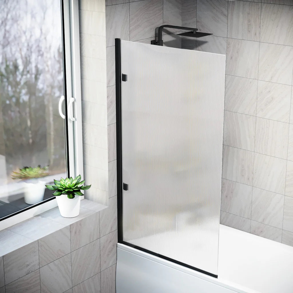 Matte Black 800mm Fluted Bath Screen with Matte Black Aluminium and Parts