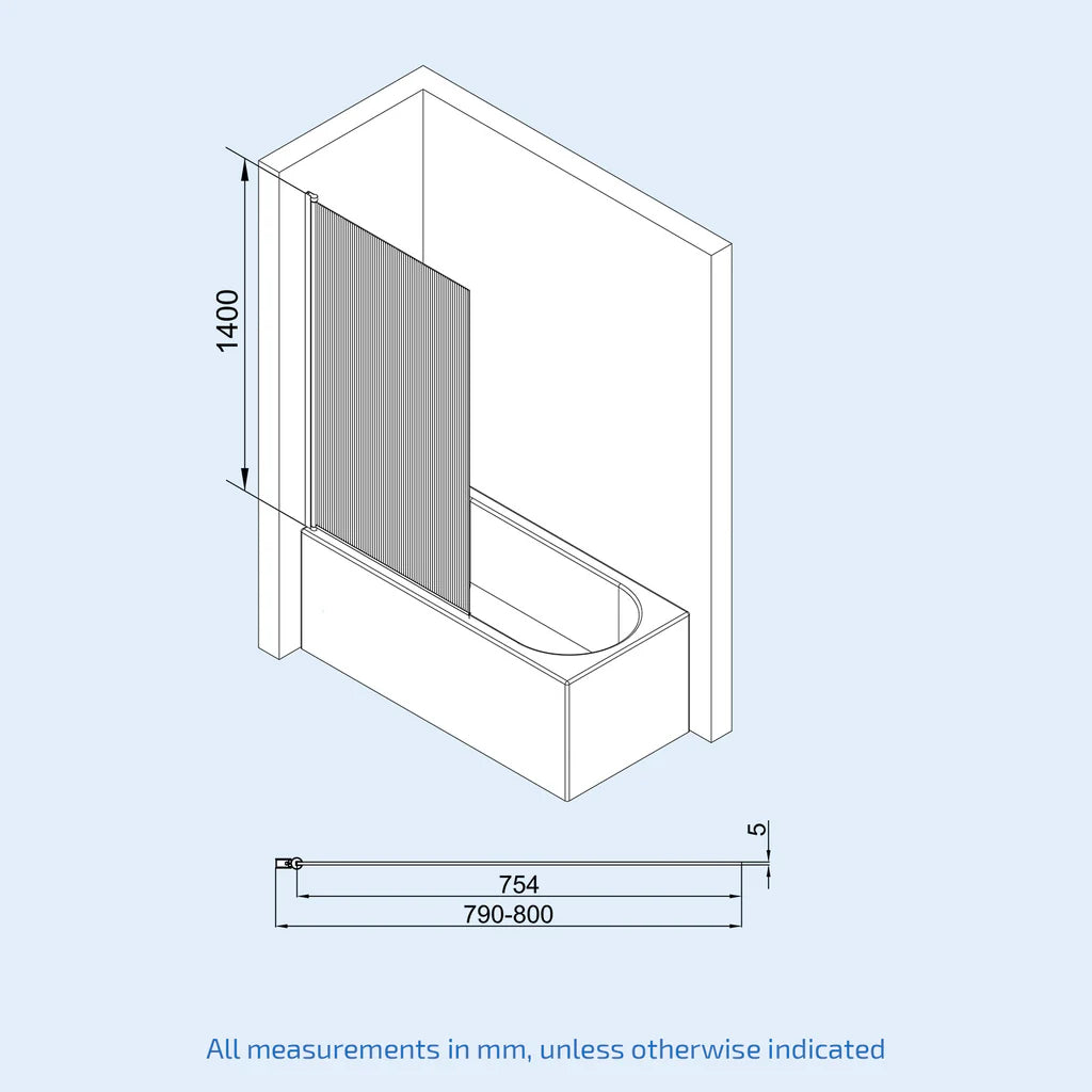 Matte Black 800mm Fluted Bath Screen with Matte Black Aluminium and Parts