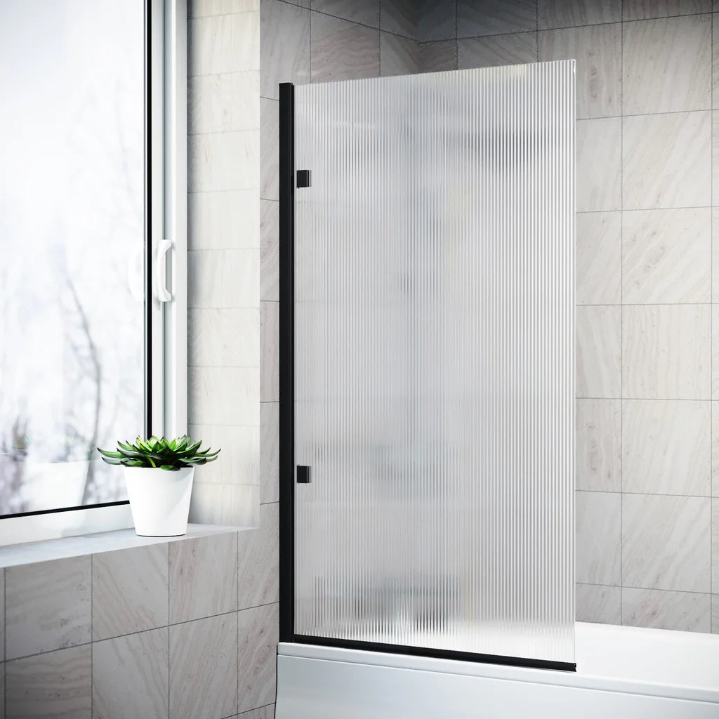 Matte Black 800mm Fluted Bath Screen with Matte Black Aluminium and Parts