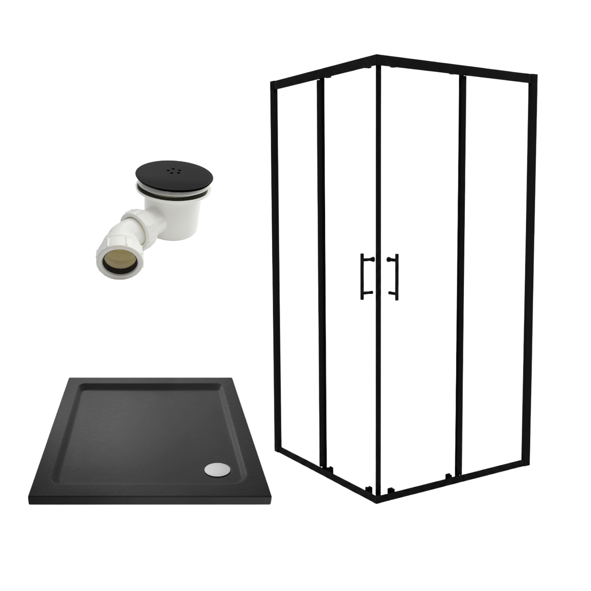 760mm Matte Black Corner Shower Enclosure With 760mm Slate Grey Shower Tray
