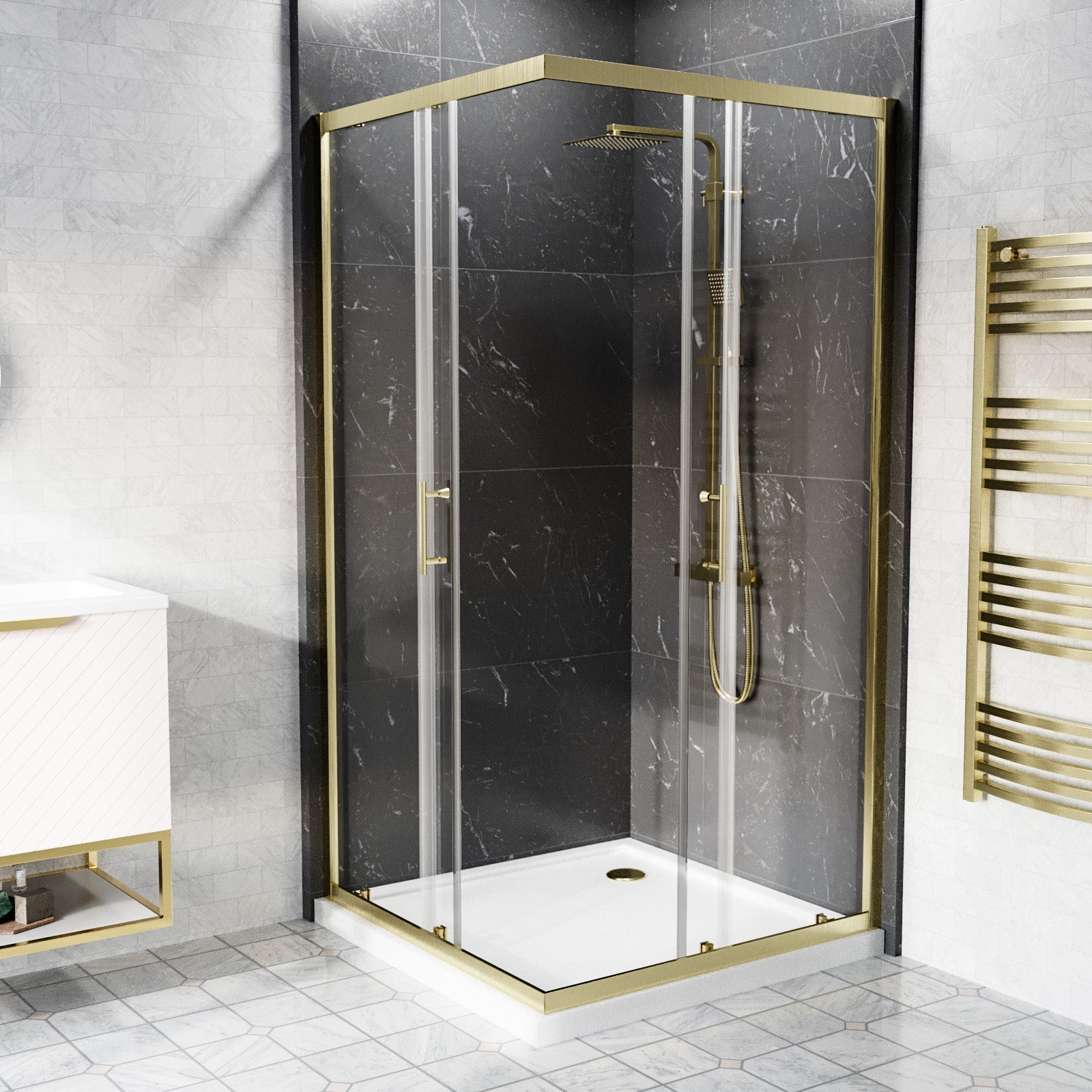 Manga 760 x 760mm Corner Entry Sliding Door Shower Enclosure Brushed Brass