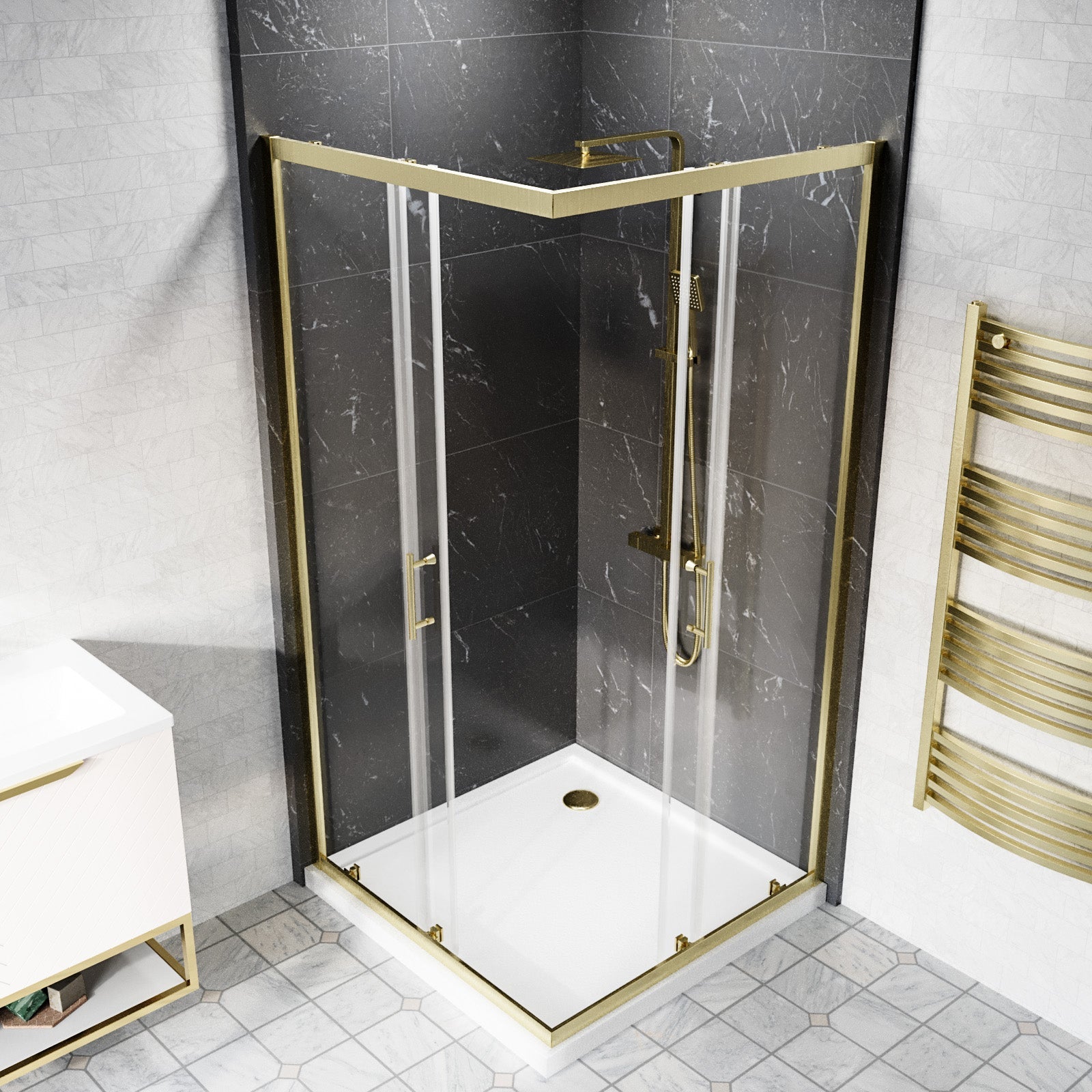 Manga 900 x 900mm Corner Entry Sliding Shower Enclosure Tray Brushed Brass