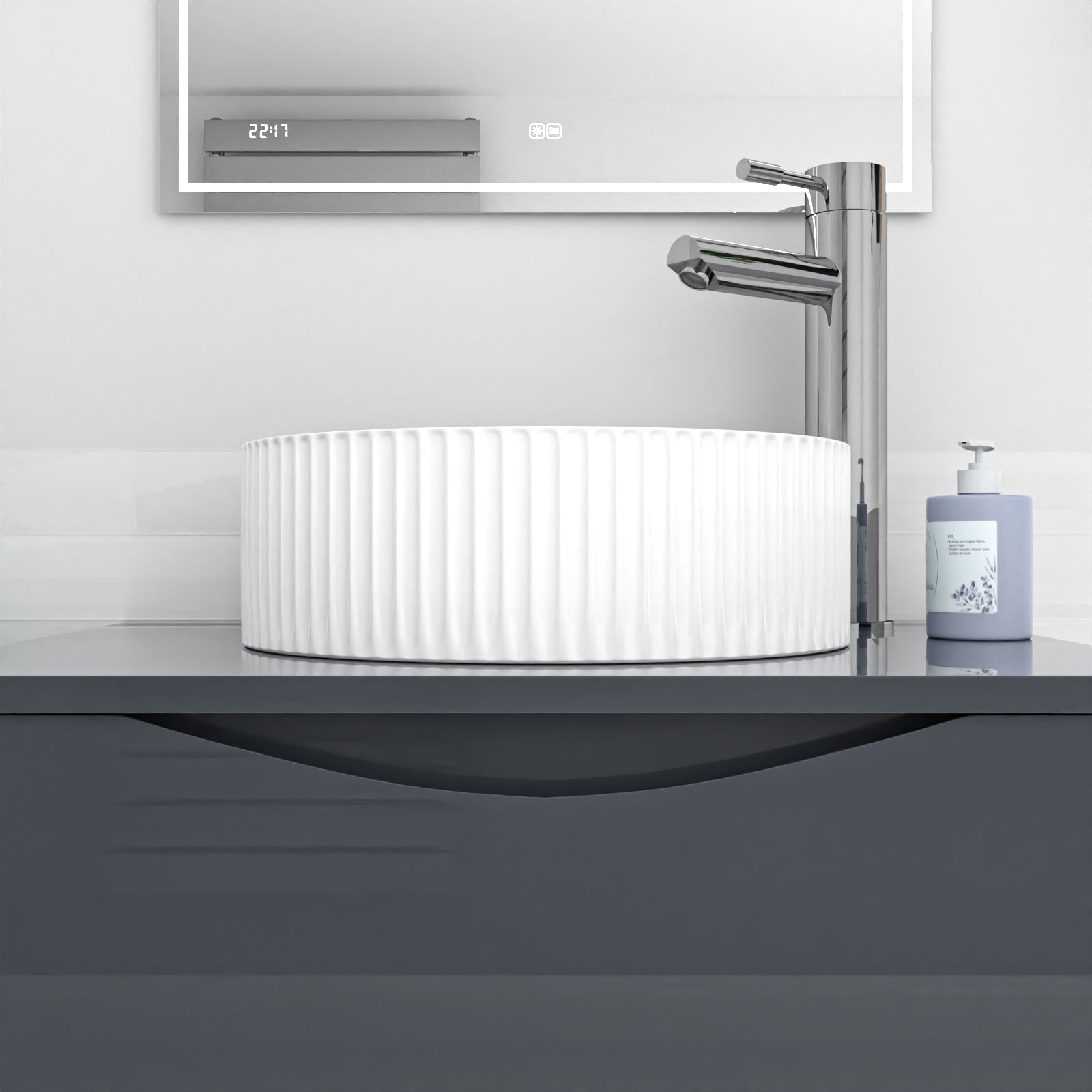 360mm Fluted Round Countertop Sink Gloss White