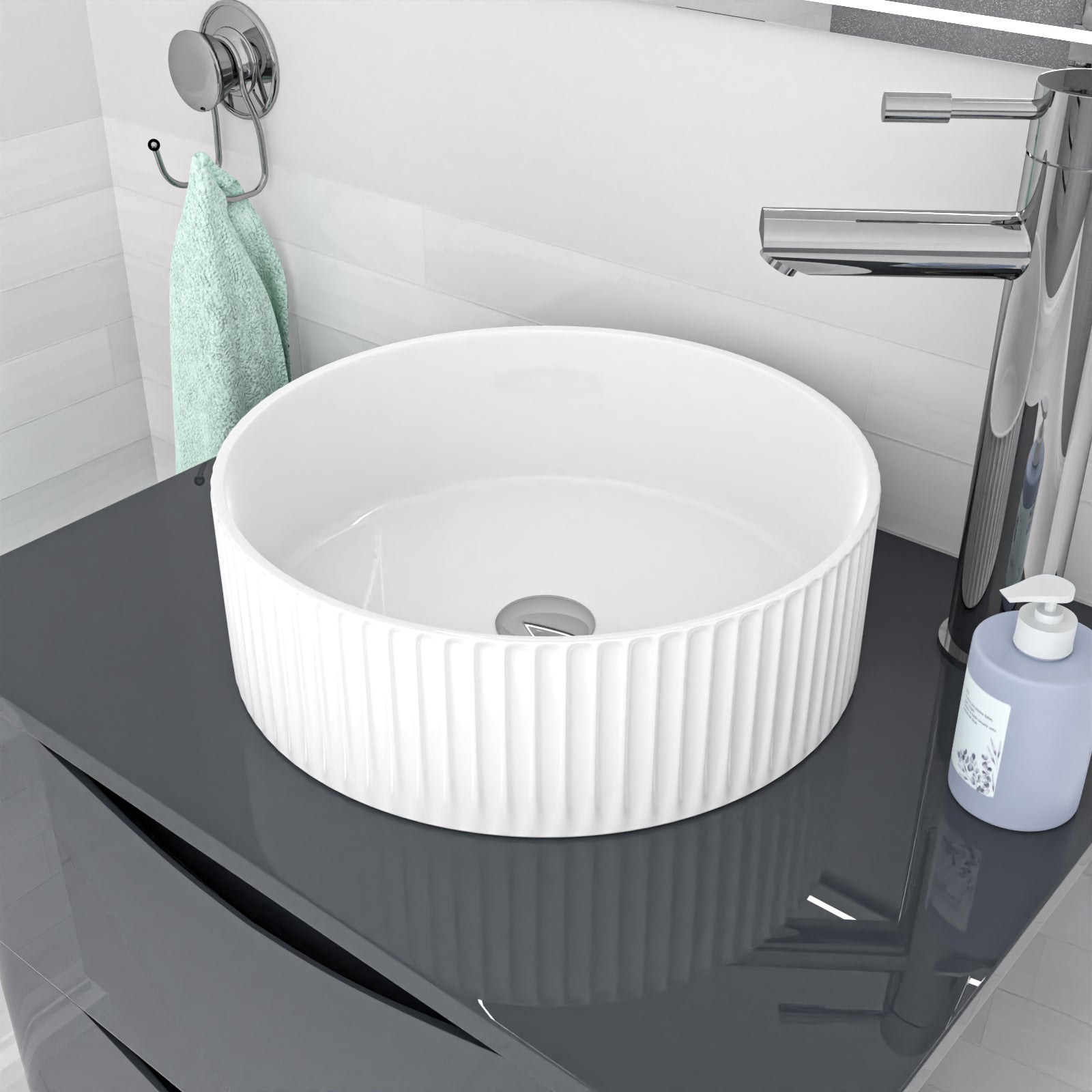 360mm Fluted Round Countertop Sink Gloss White