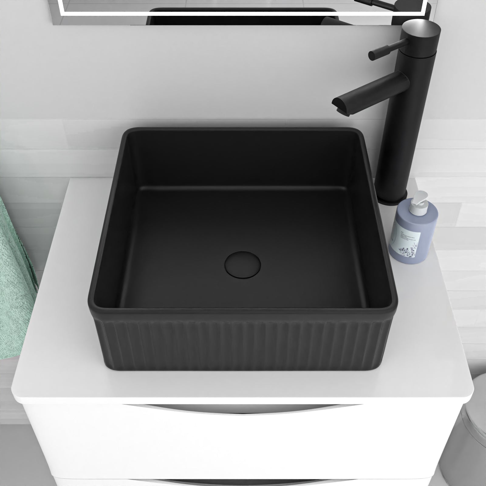 360mm Fluted Square Countertop Sink Matte Black
