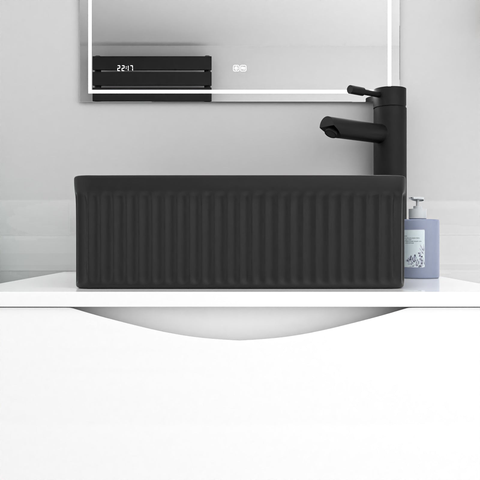 360mm Fluted Square Countertop Sink Matte Black