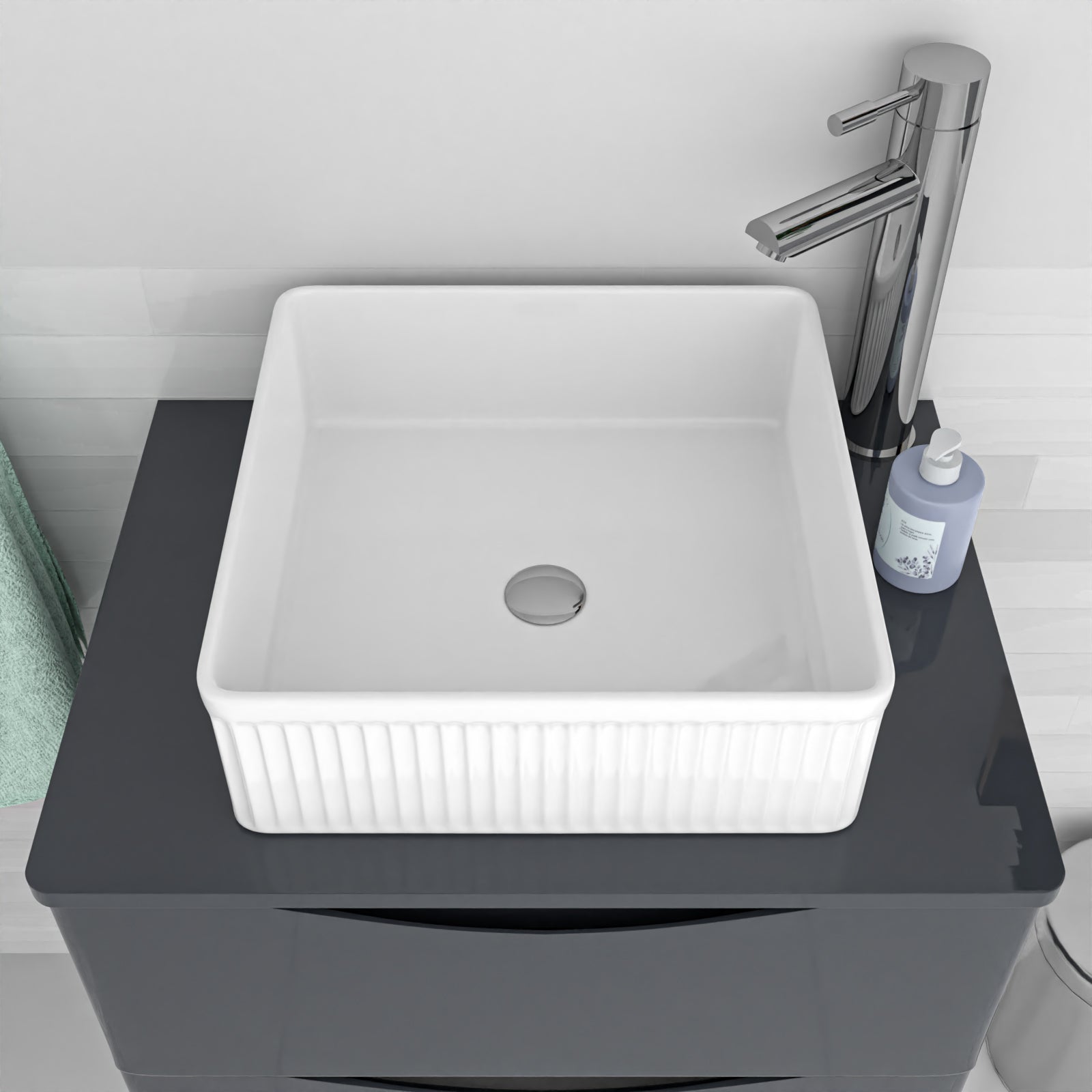 370mm Fluted Square Countertop Sink Gloss White
