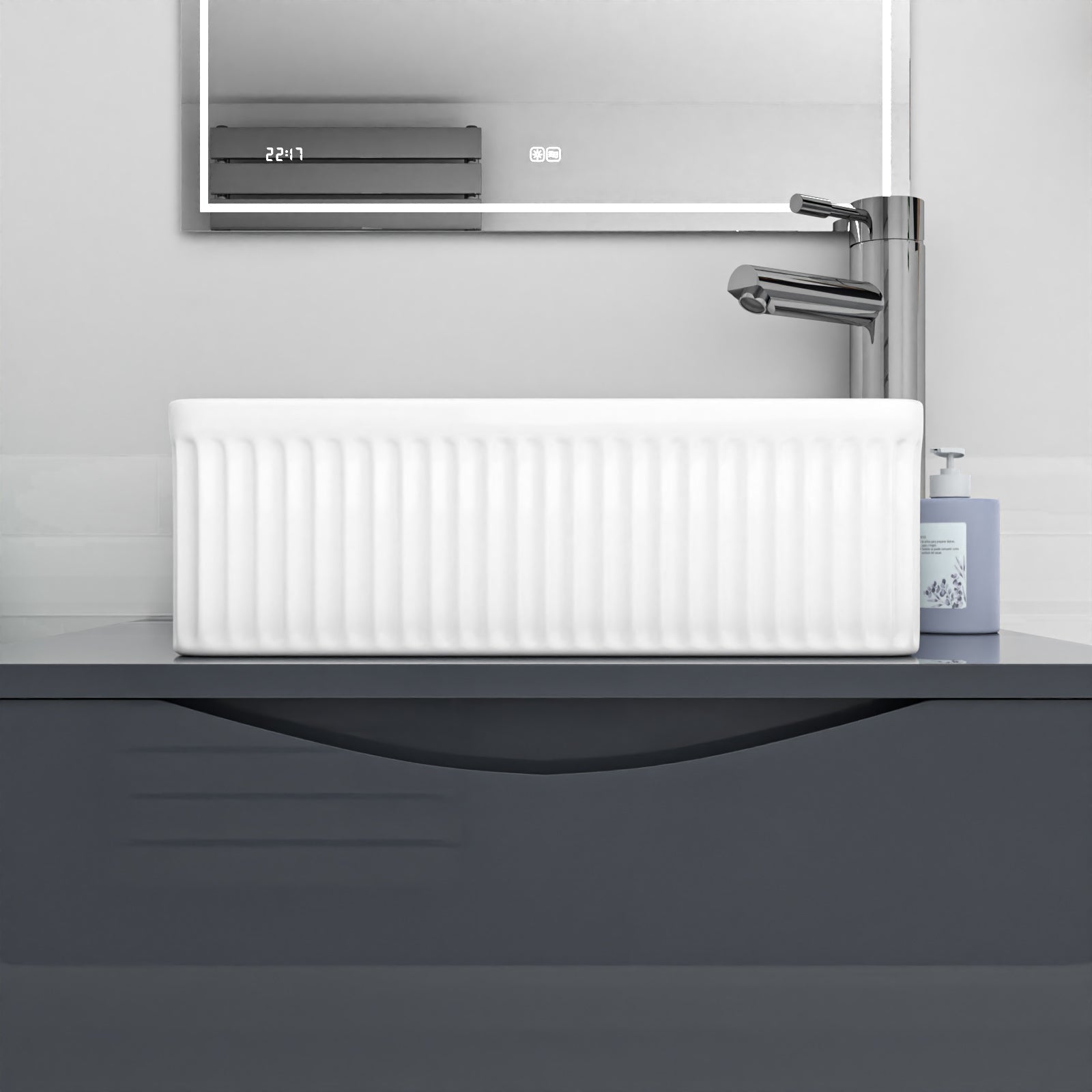 370mm Fluted Square Countertop Sink Gloss White