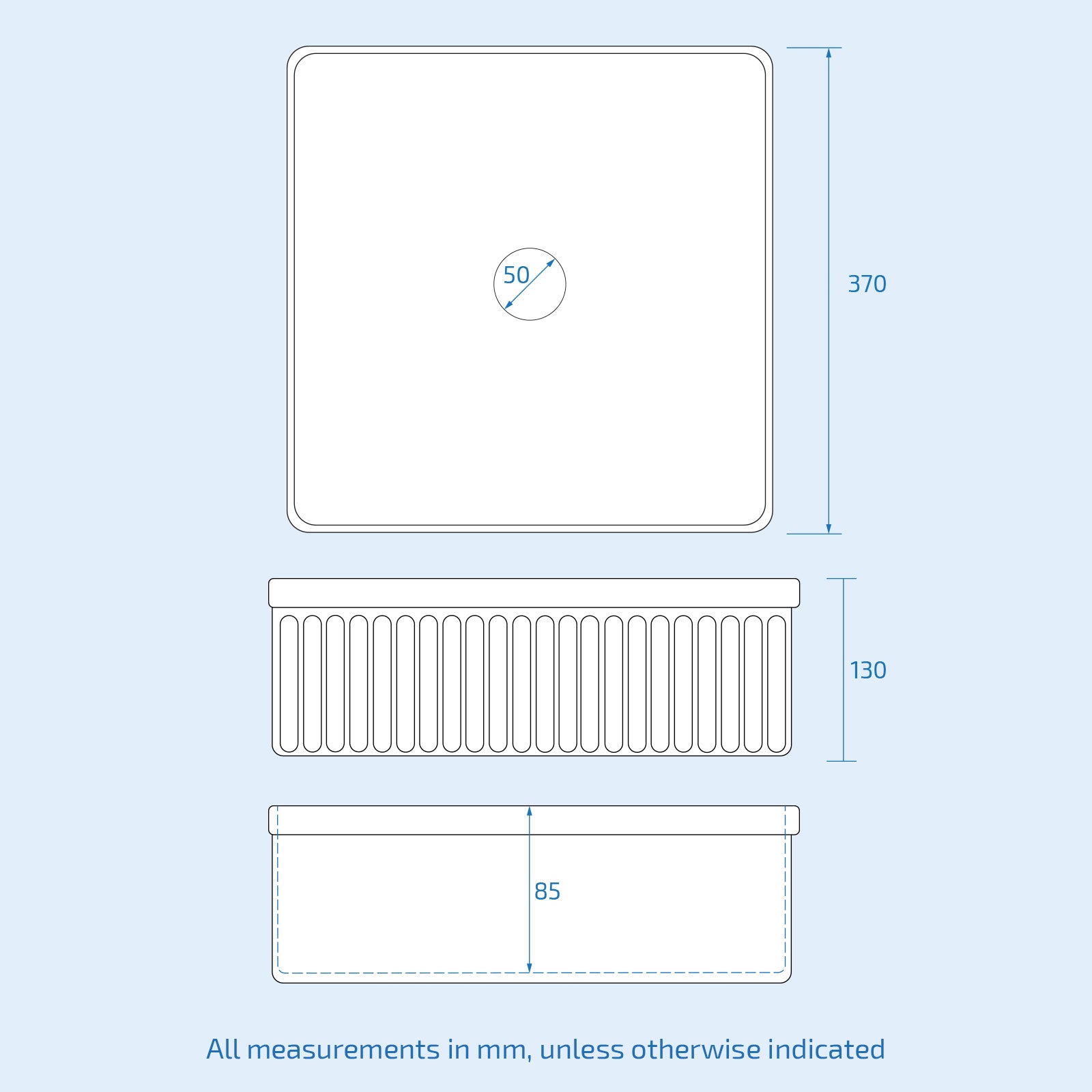 370mm Fluted Square Countertop Sink Gloss White