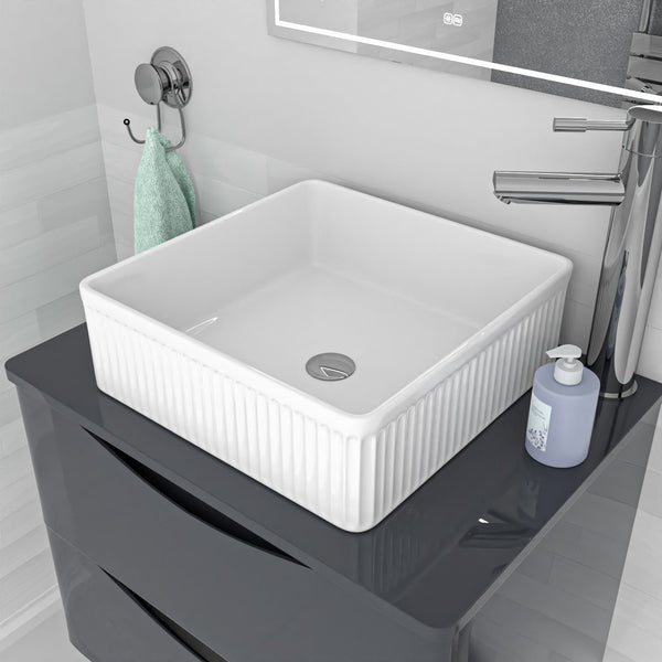 370mm Fluted Square Countertop Sink Gloss White