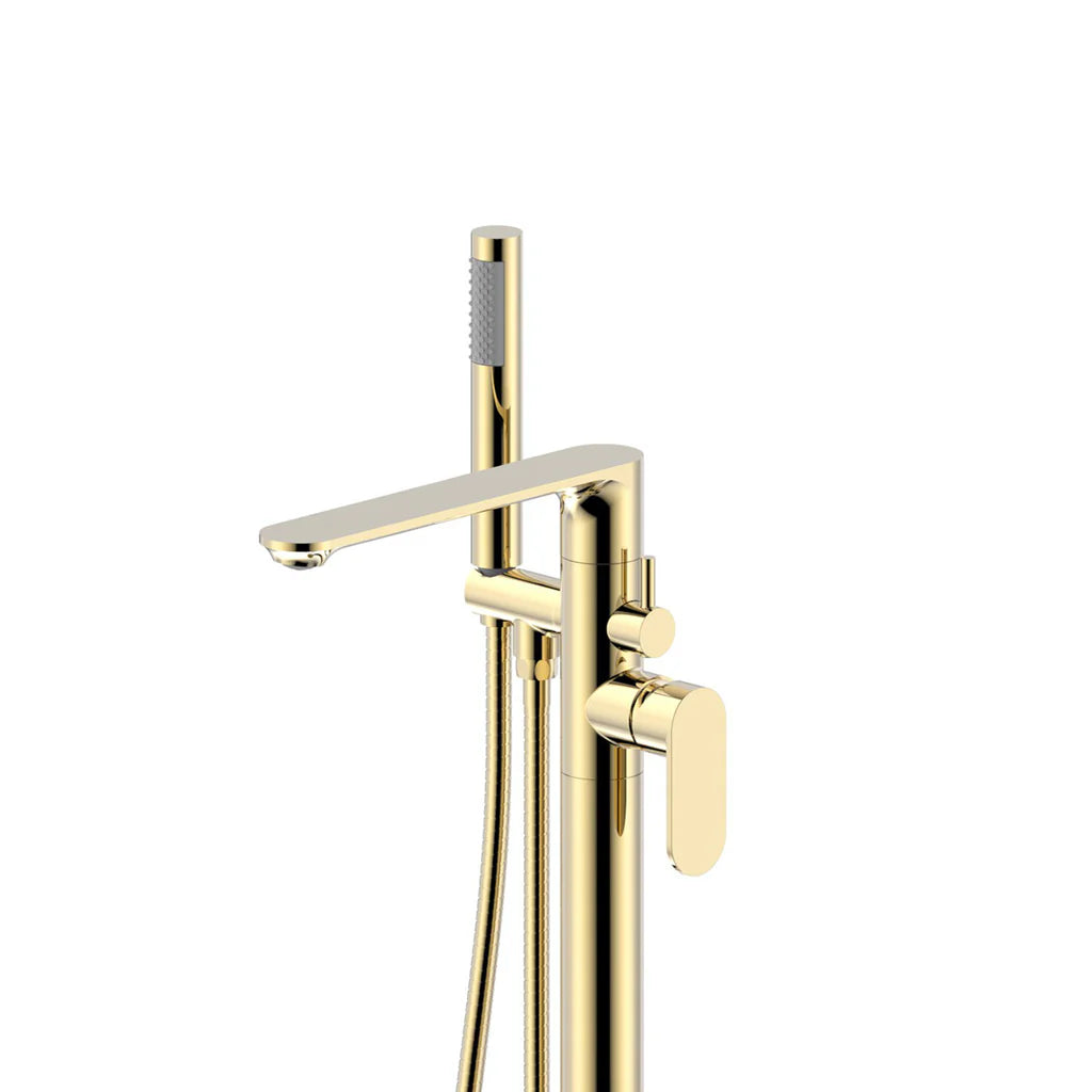 Modern Brushed Brass Freestanding Bath Shower Mixer Tap with Round Handheld Kit