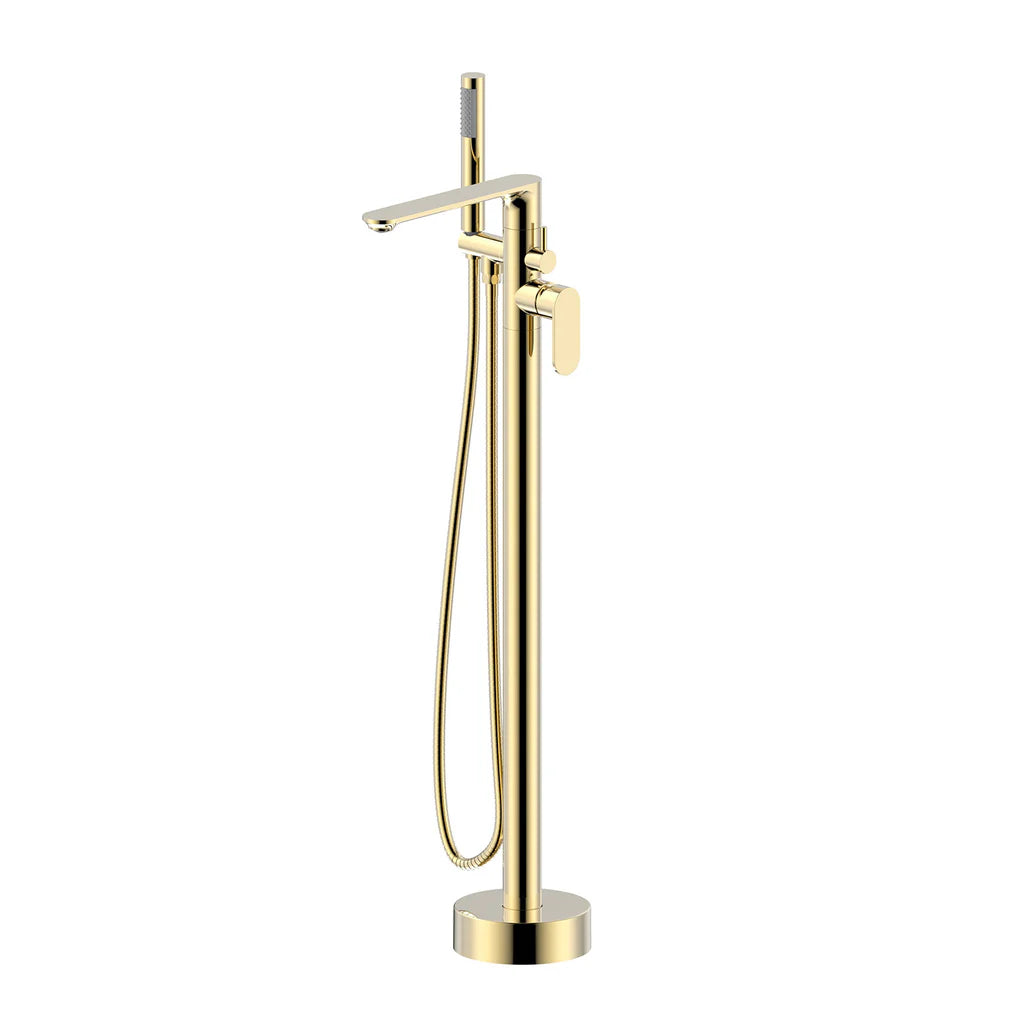 Modern Brushed Brass Freestanding Bath Shower Mixer Tap with Round Handheld Kit