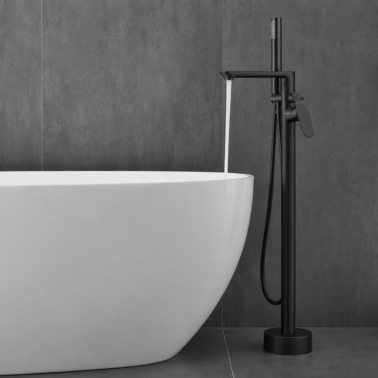 Modern Matte Black Freestanding Bath Shower Mixer Tap with Round Handheld Kit