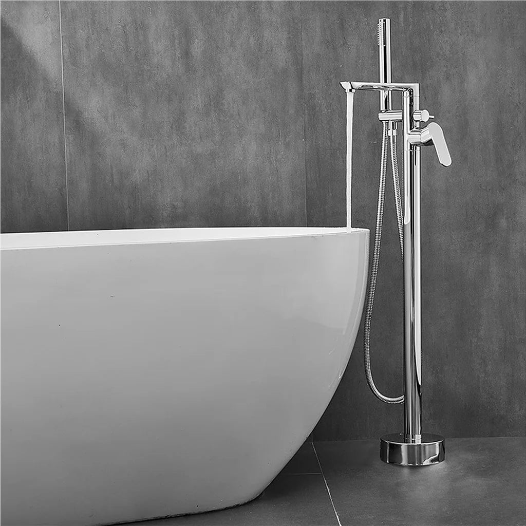 Modern Chrome Freestanding Bath Shower Mixer Tap with Round Handheld Kit