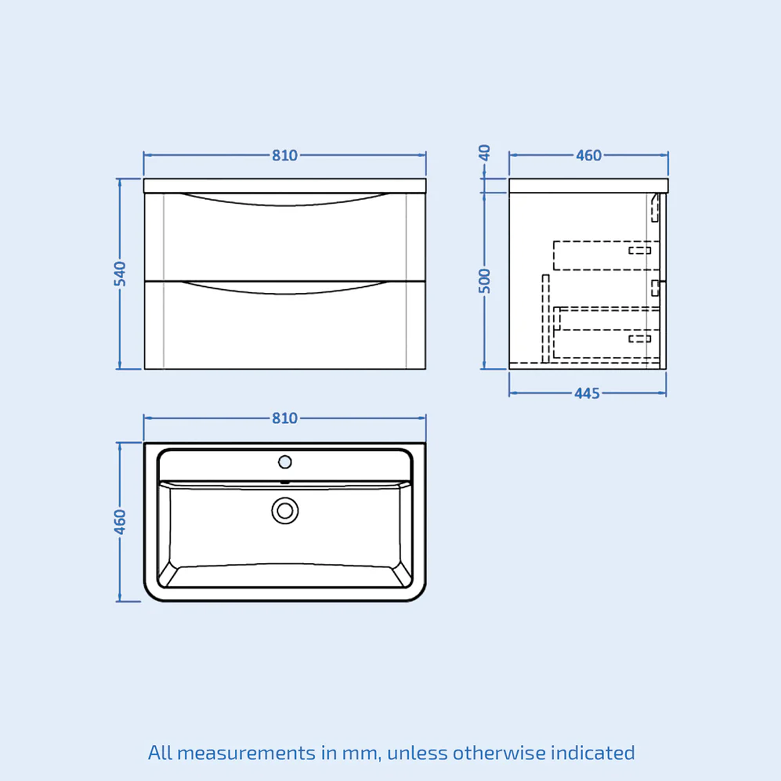 Bathroom 800mm Matte White Wall Hung Vanity Unit - 2 Drawer Vanity Basin Unit