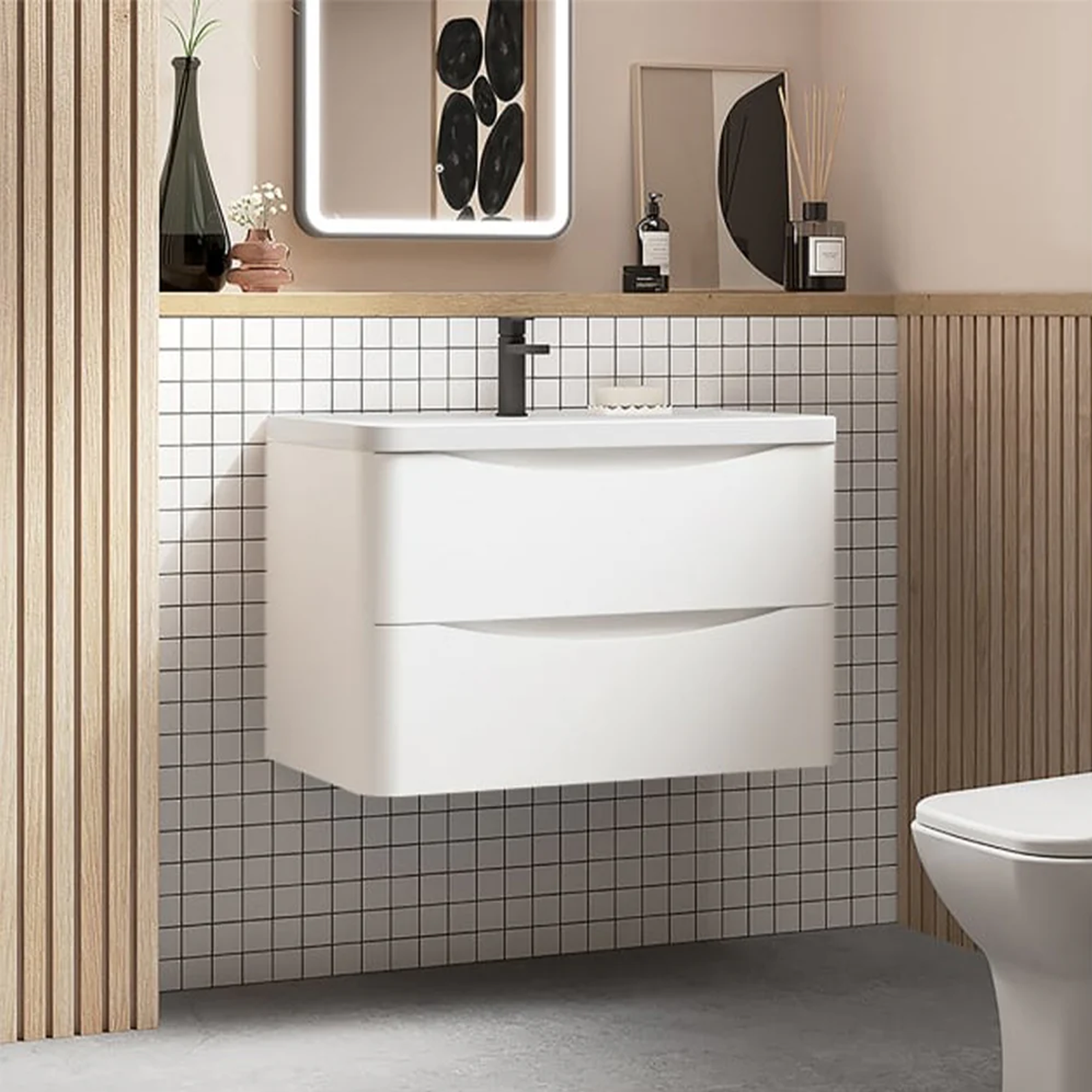 Bathroom 800mm Matte White Wall Hung Vanity Unit - 2 Drawer Vanity Basin Unit