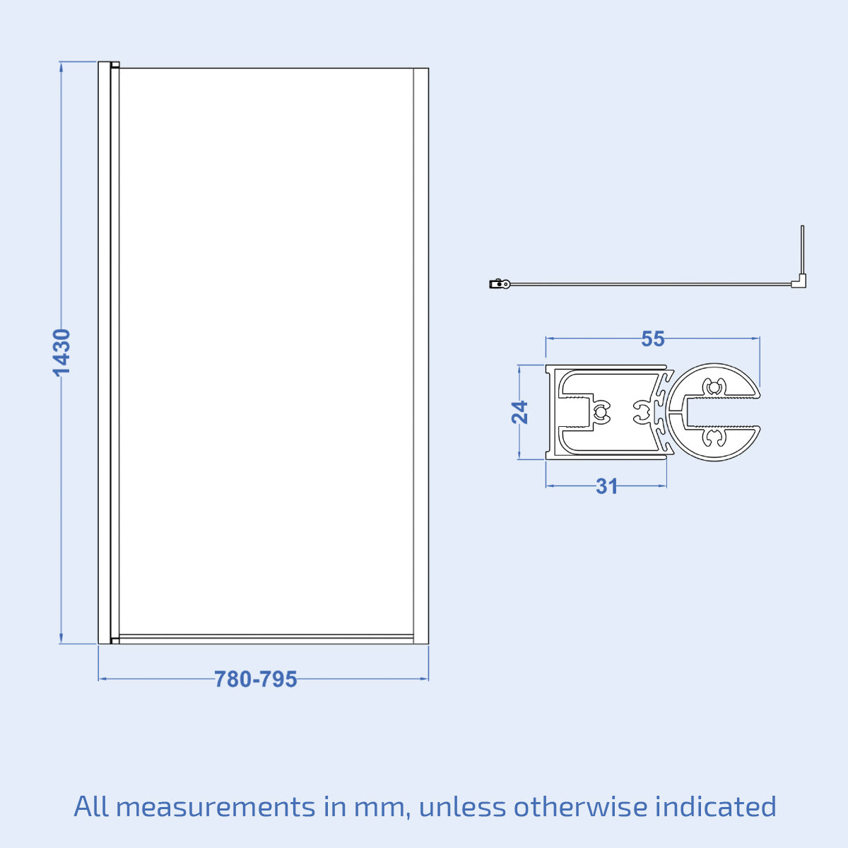 Chrome 795 mm L-Shaped Hinged Bath Screen