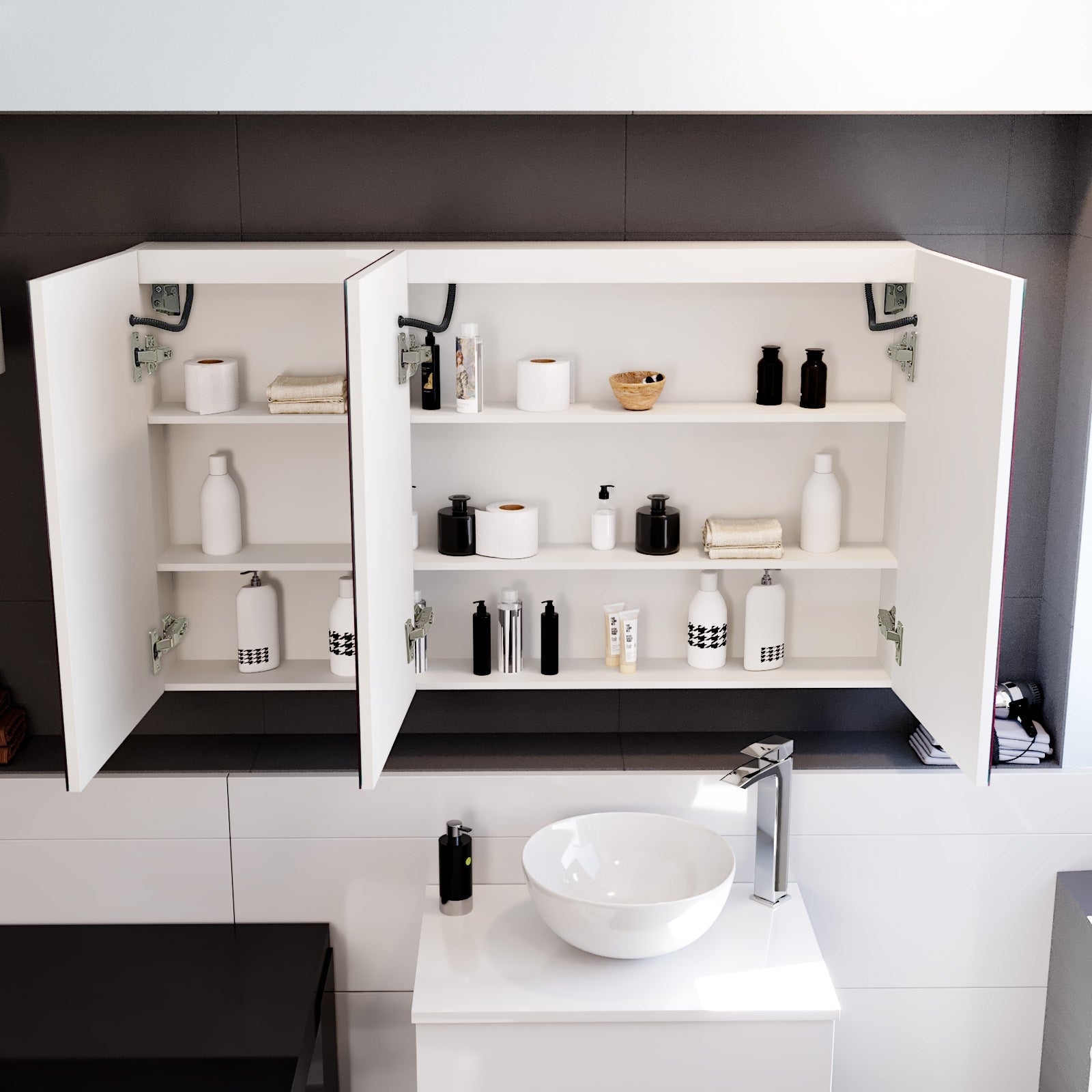 1200mm LED 3 Doors White Bathroom Mirror Cabinet Battery Powered