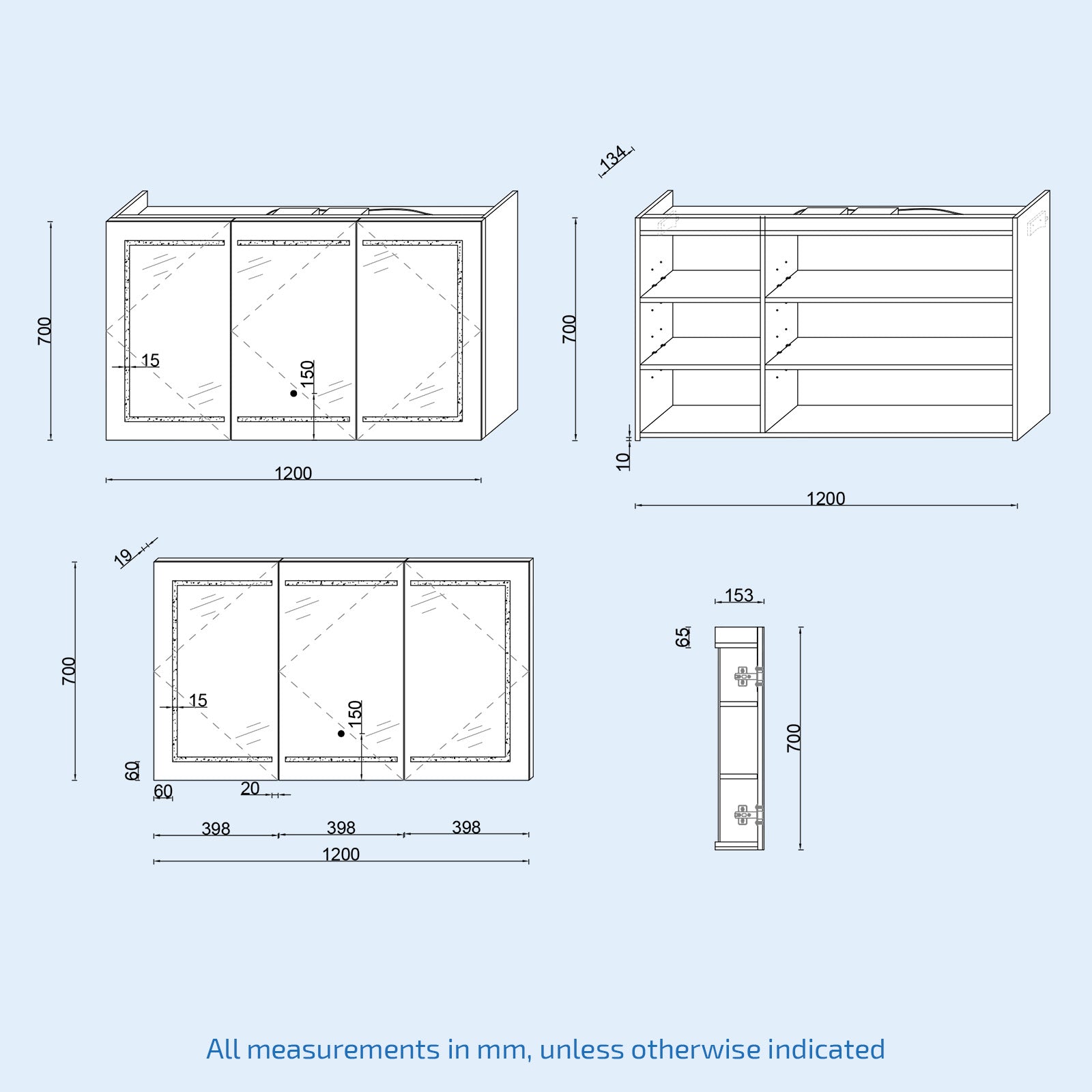 1200mm LED 3 Doors White Bathroom Mirror Cabinet Battery Powered
