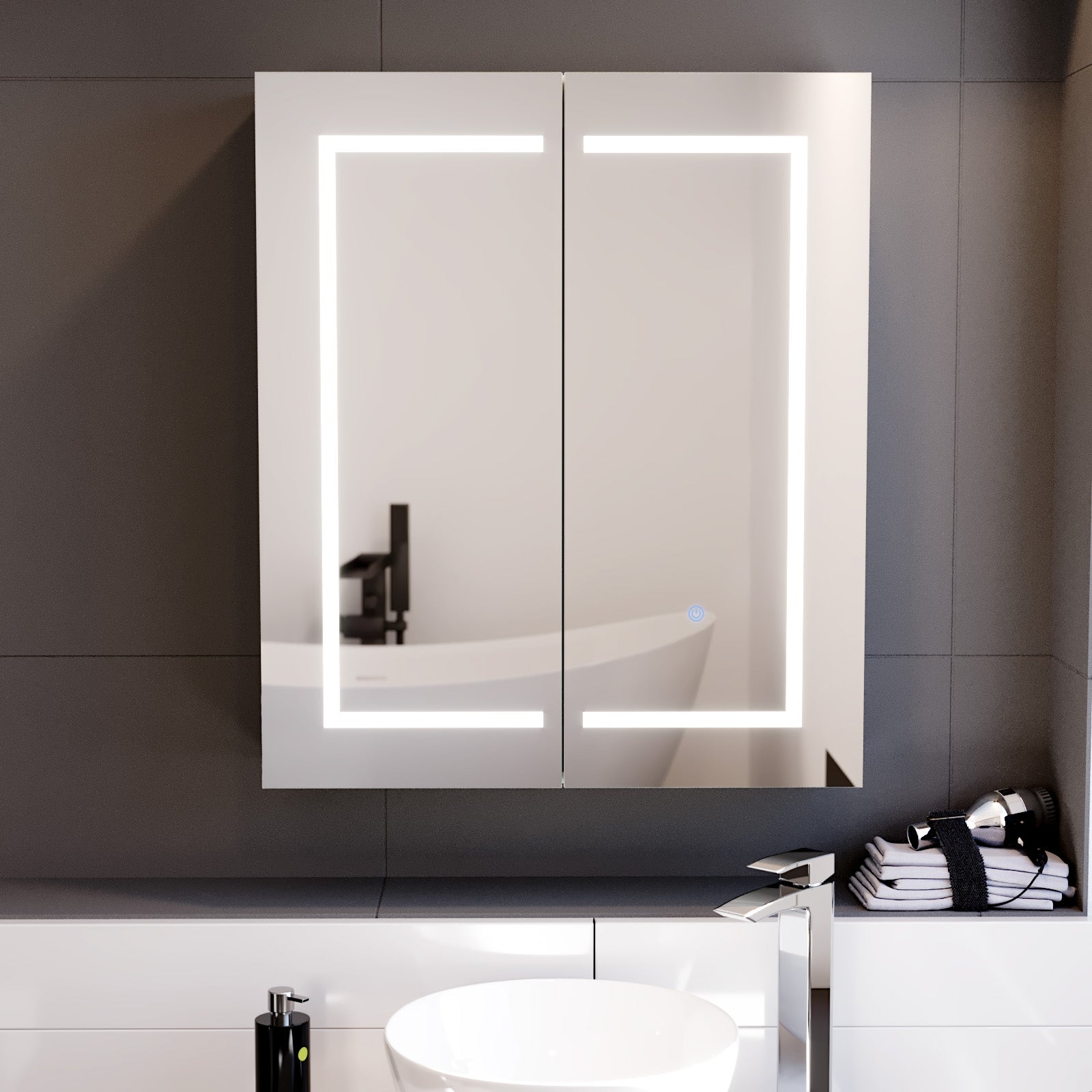 600mm LED 2 Doors White Bathroom Mirror Cabinet Battery Powered