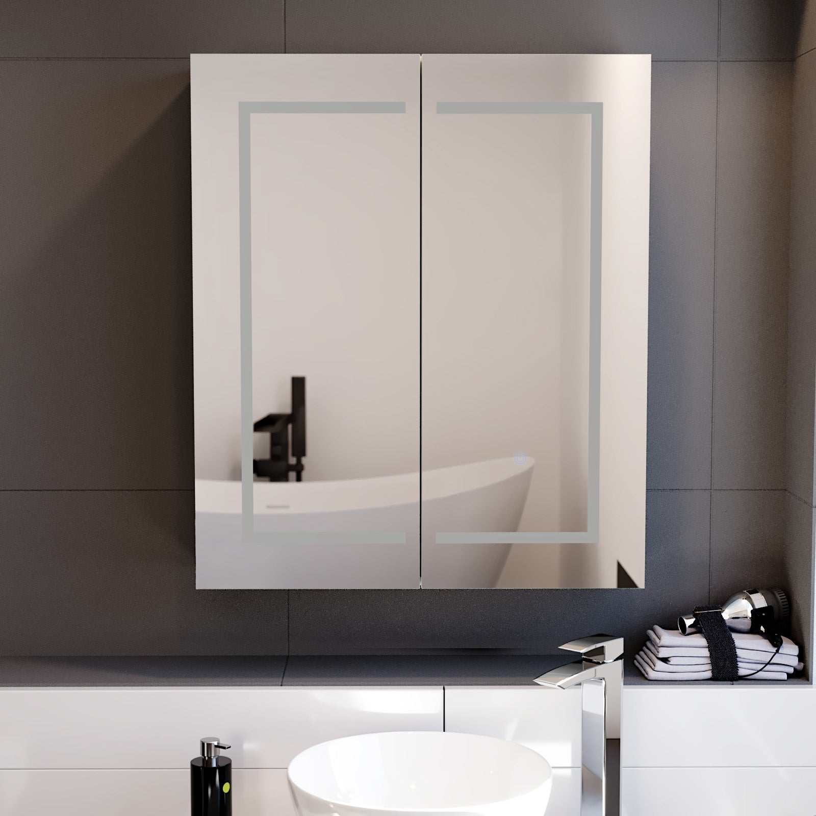 600mm LED 2 Doors White Bathroom Mirror Cabinet Battery Powered