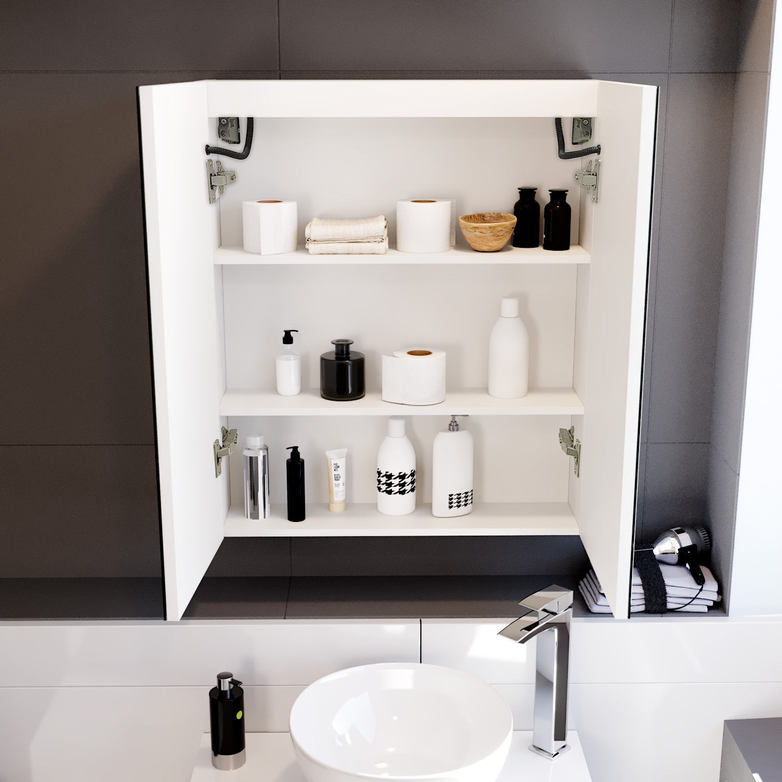 600mm LED 2 Doors White Bathroom Mirror Cabinet Battery Powered