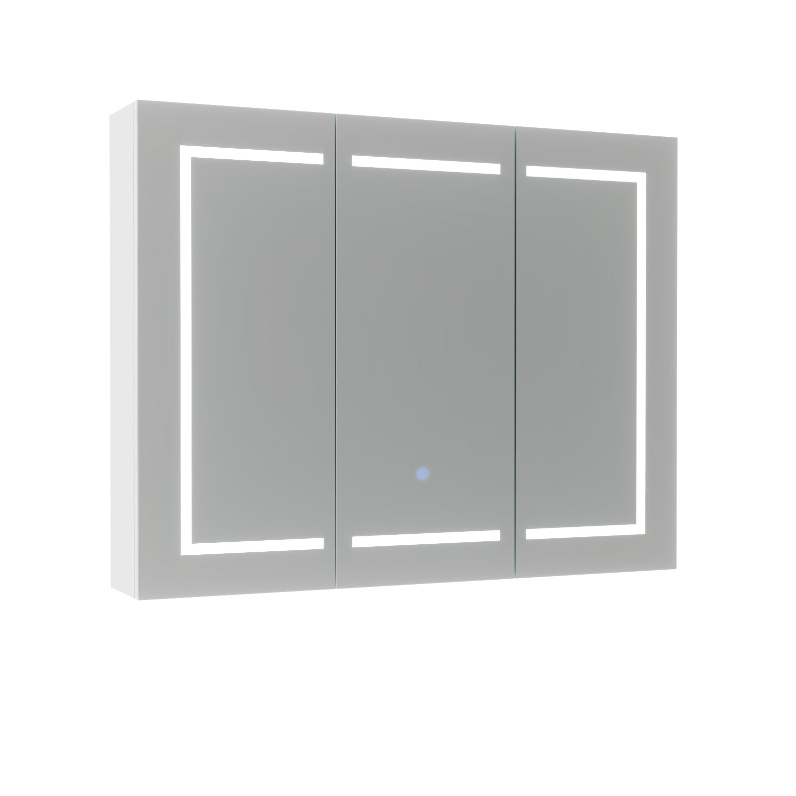 Tri-fold mirror cabinet with LED lighting on a white background