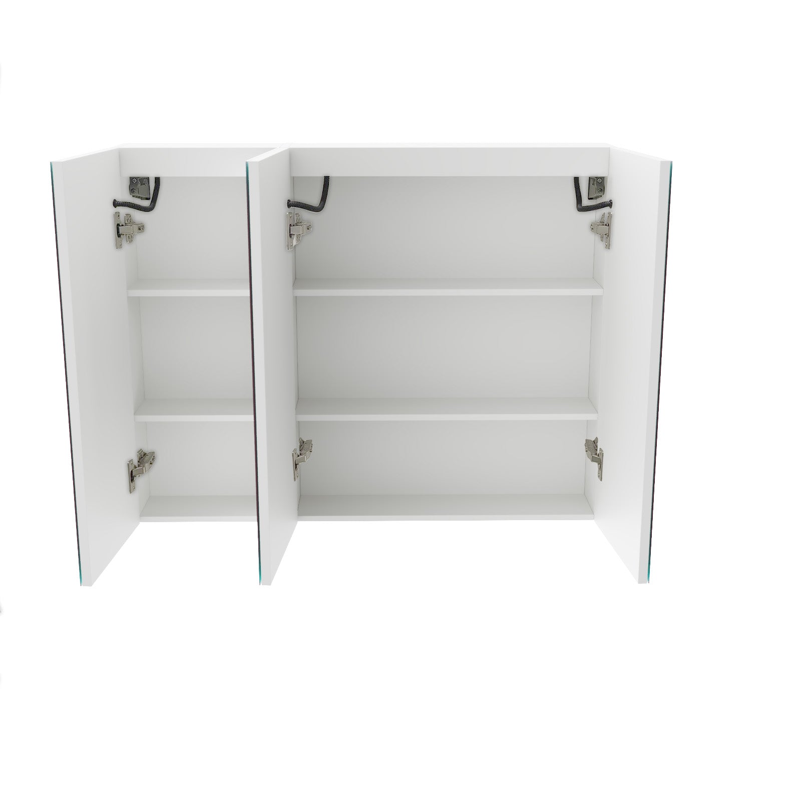 White cabinet with open doors on a white background