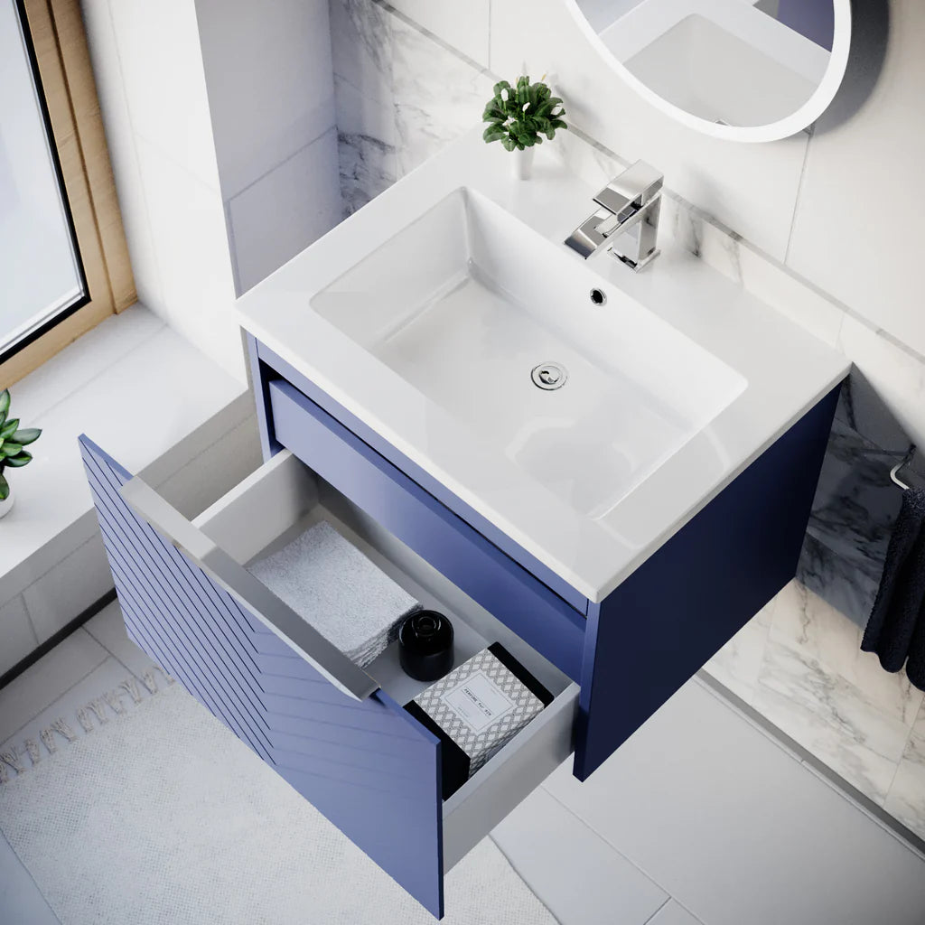 Roxy 600mm Wall Hung Blue Drawers Basin Vanity Chrome Handle