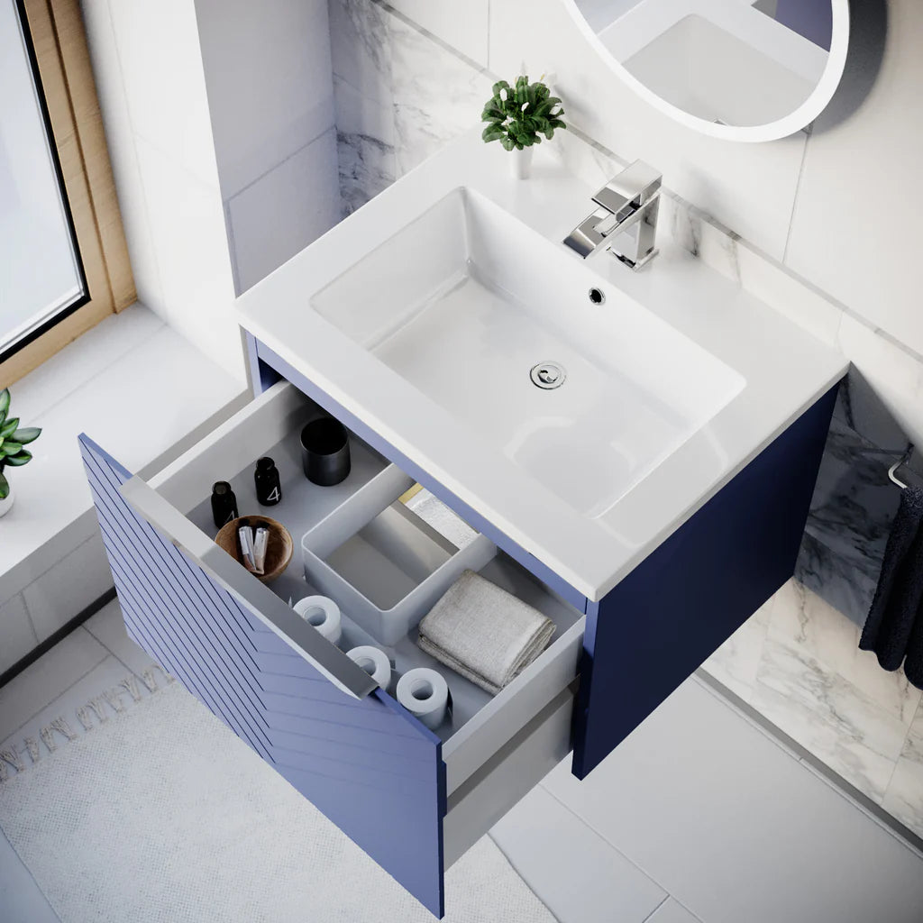 Roxy 600mm Wall Hung Blue Drawers Basin Vanity Chrome Handle