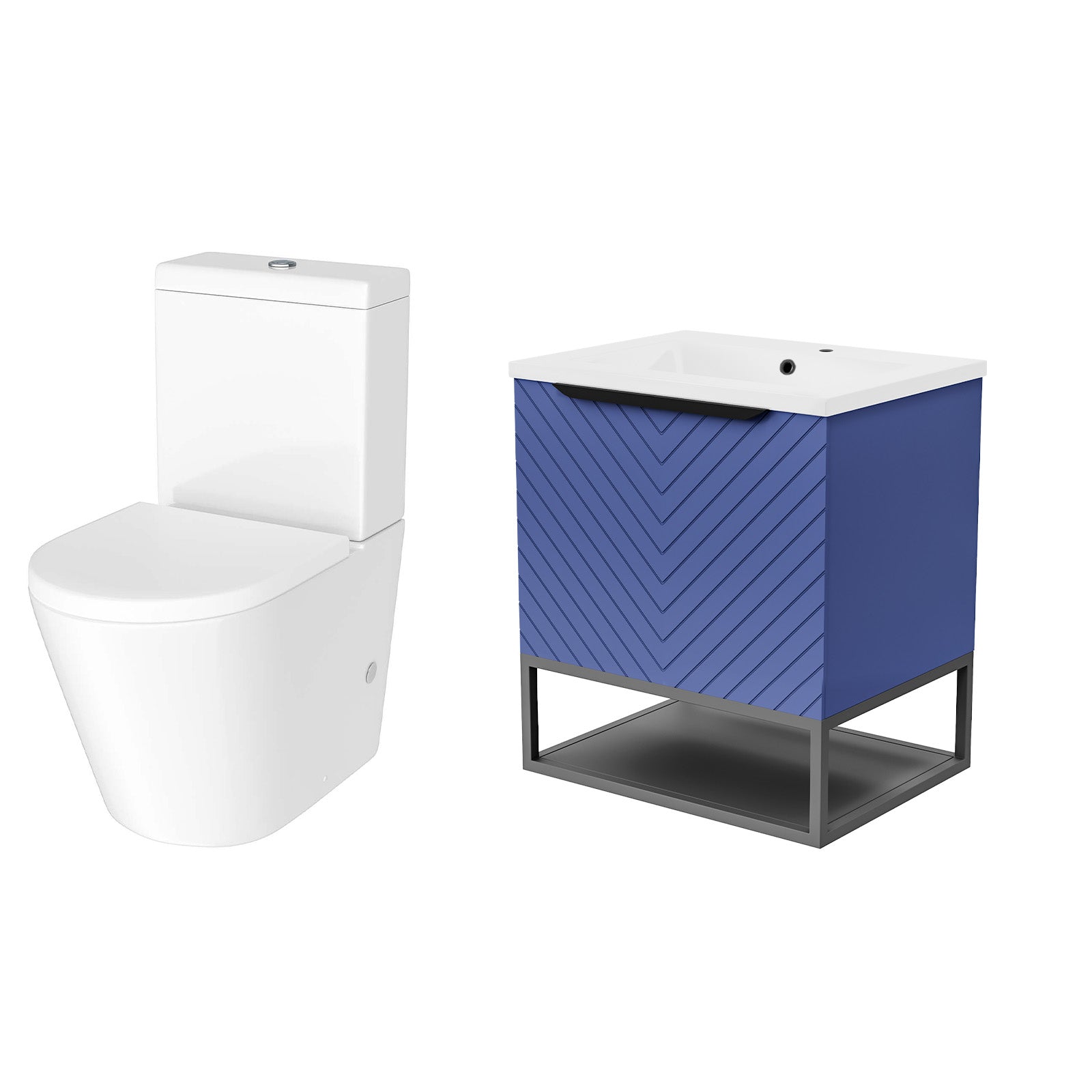 Roxy Blue 600mm Basin Vanity With Black Frame & Close Coupled Toilet