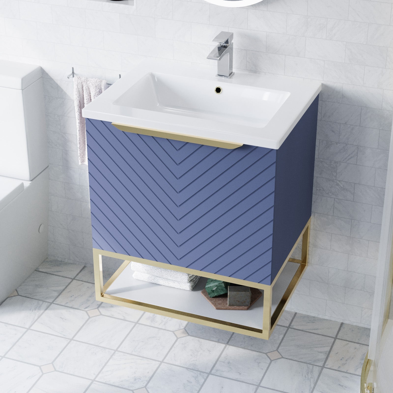 Roxy Blue 600mm Wall Hung Basin Vanity Brushed Brass Frame Handle & Toilet
