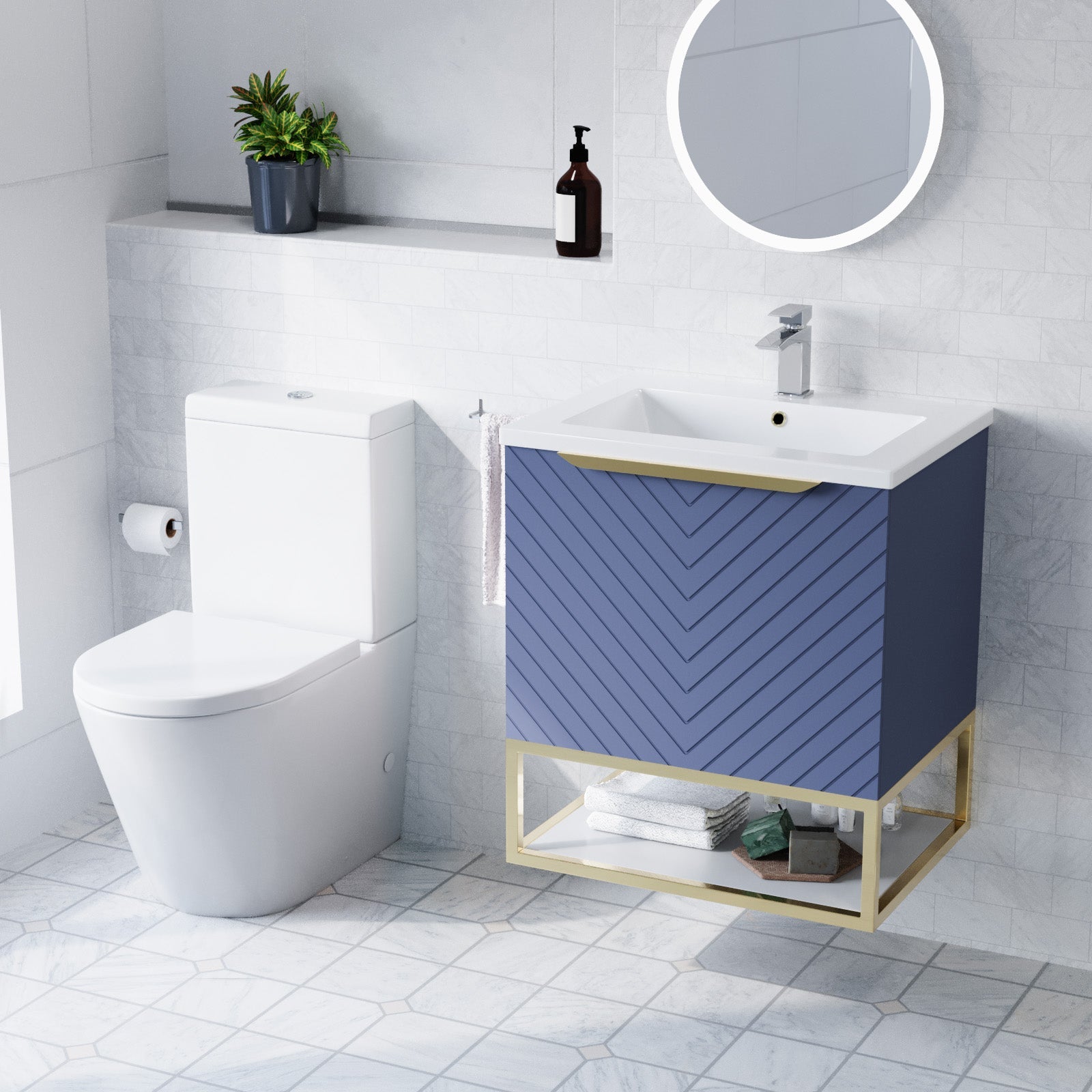 Roxy Blue 600mm Wall Hung Basin Vanity Brushed Brass Frame Handle & Toilet
