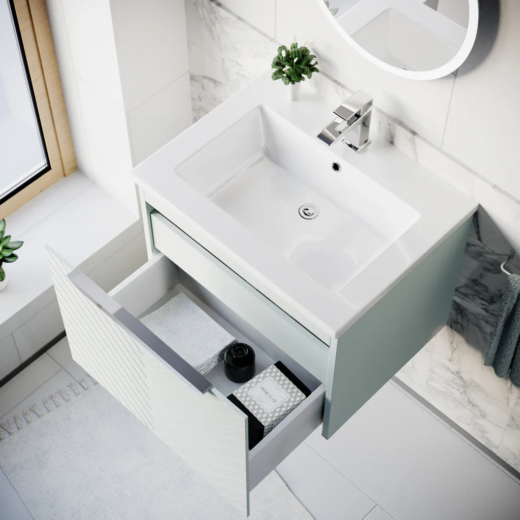 Roxy 600mm Wall Hung Green Drawers Basin Vanity Chrome Handle