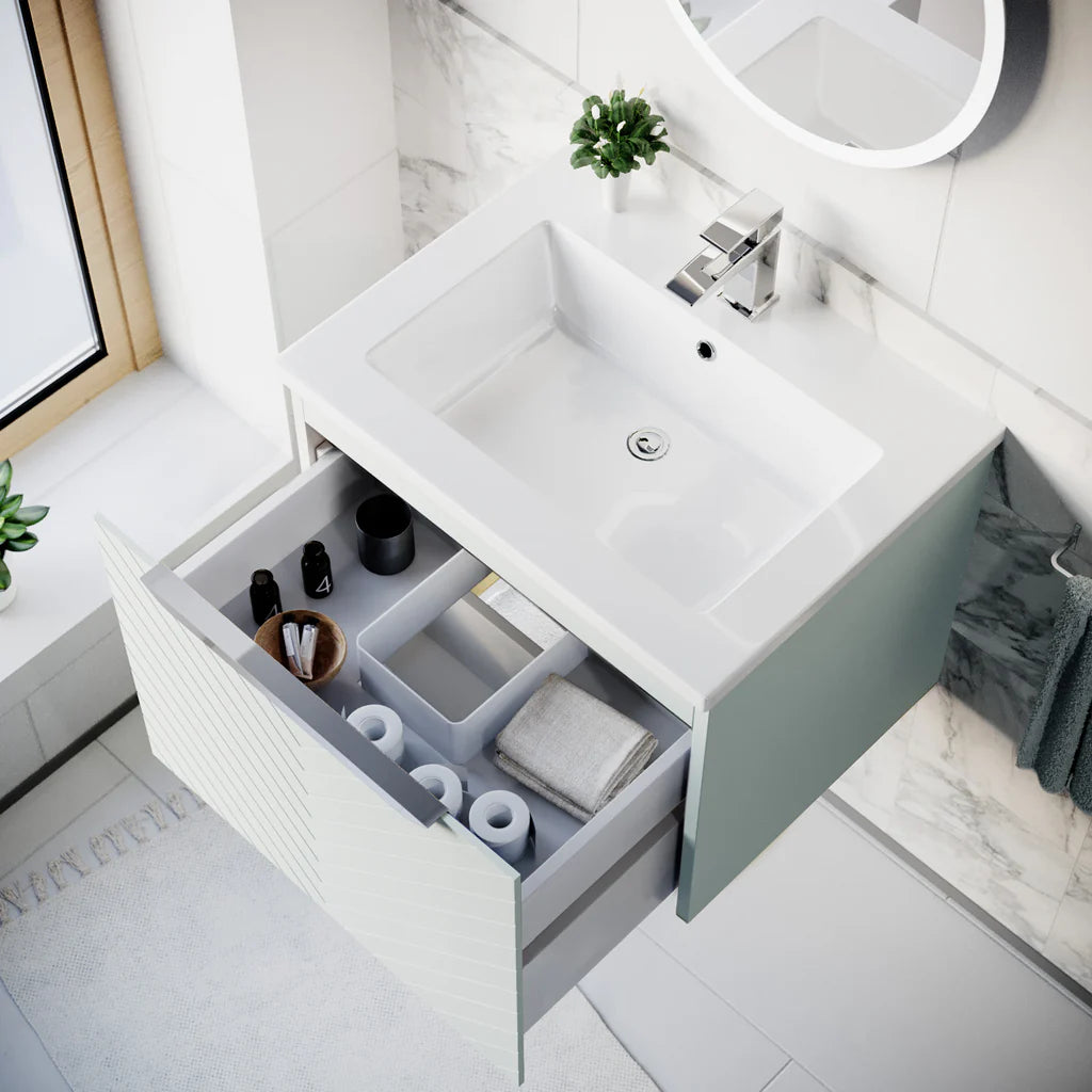 Roxy 600mm Wall Hung Green Drawers Basin Vanity Chrome Handle