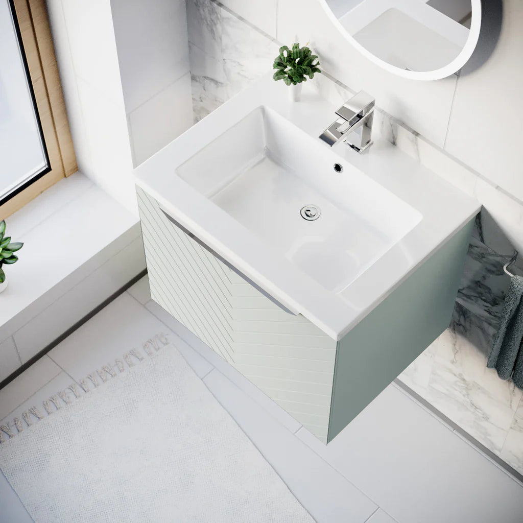 Roxy 600mm Wall Hung Green Drawers Basin Vanity Chrome Handle