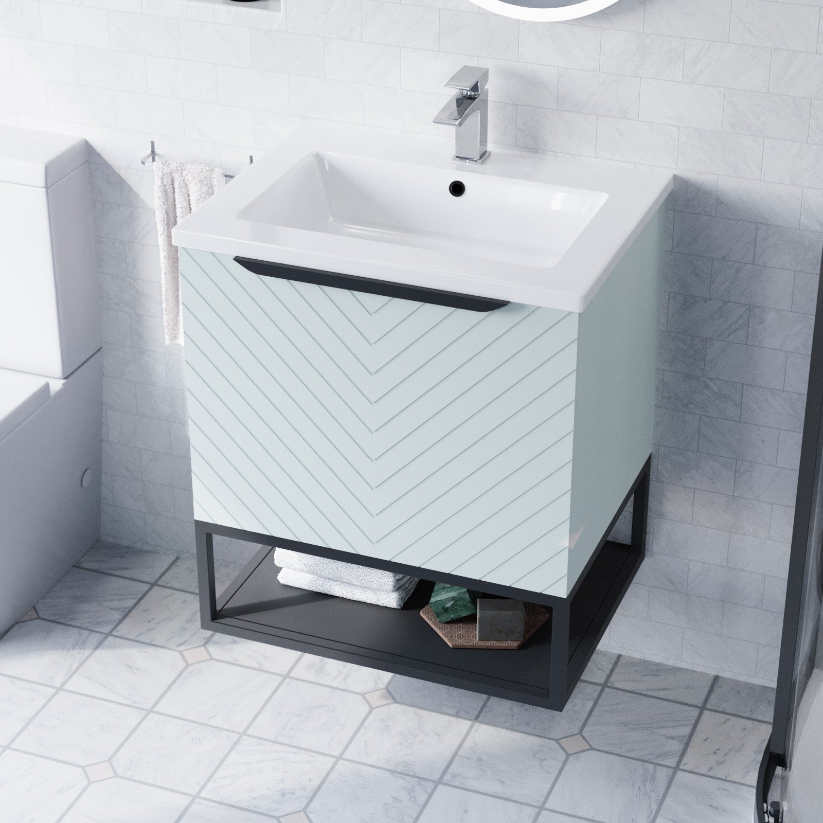 Roxy Green 600mm Basin Vanity With Black Frame & Close Coupled Toilet
