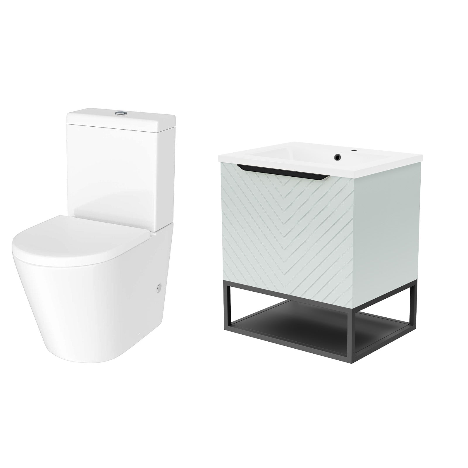 Roxy Green 600mm Basin Vanity With Black Frame & Close Coupled Toilet