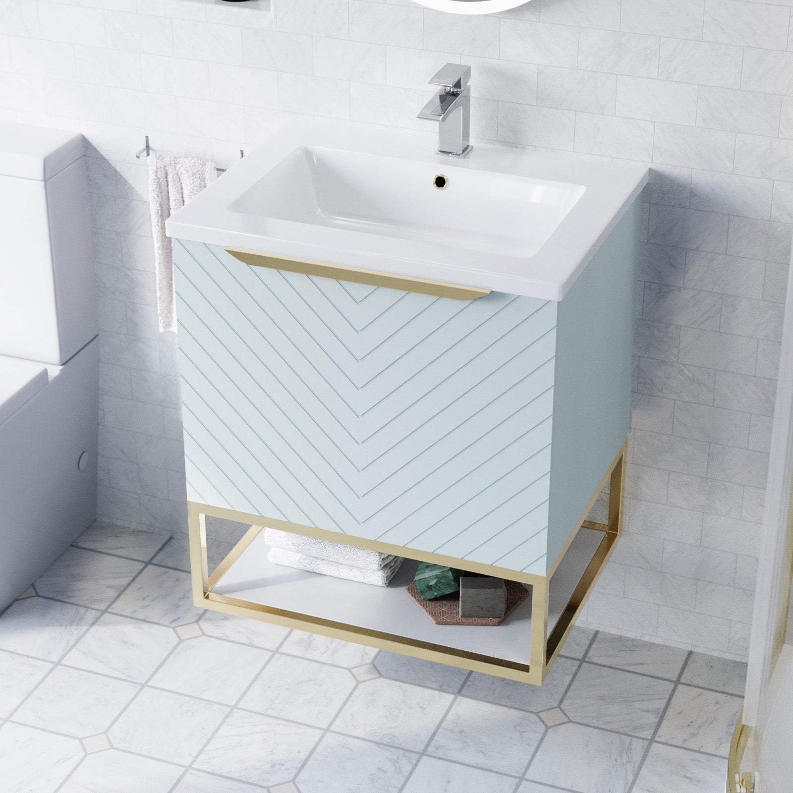 Roxy Green 600mm Basin Vanity Brushed Brass Frame & Close Coupled Toilet