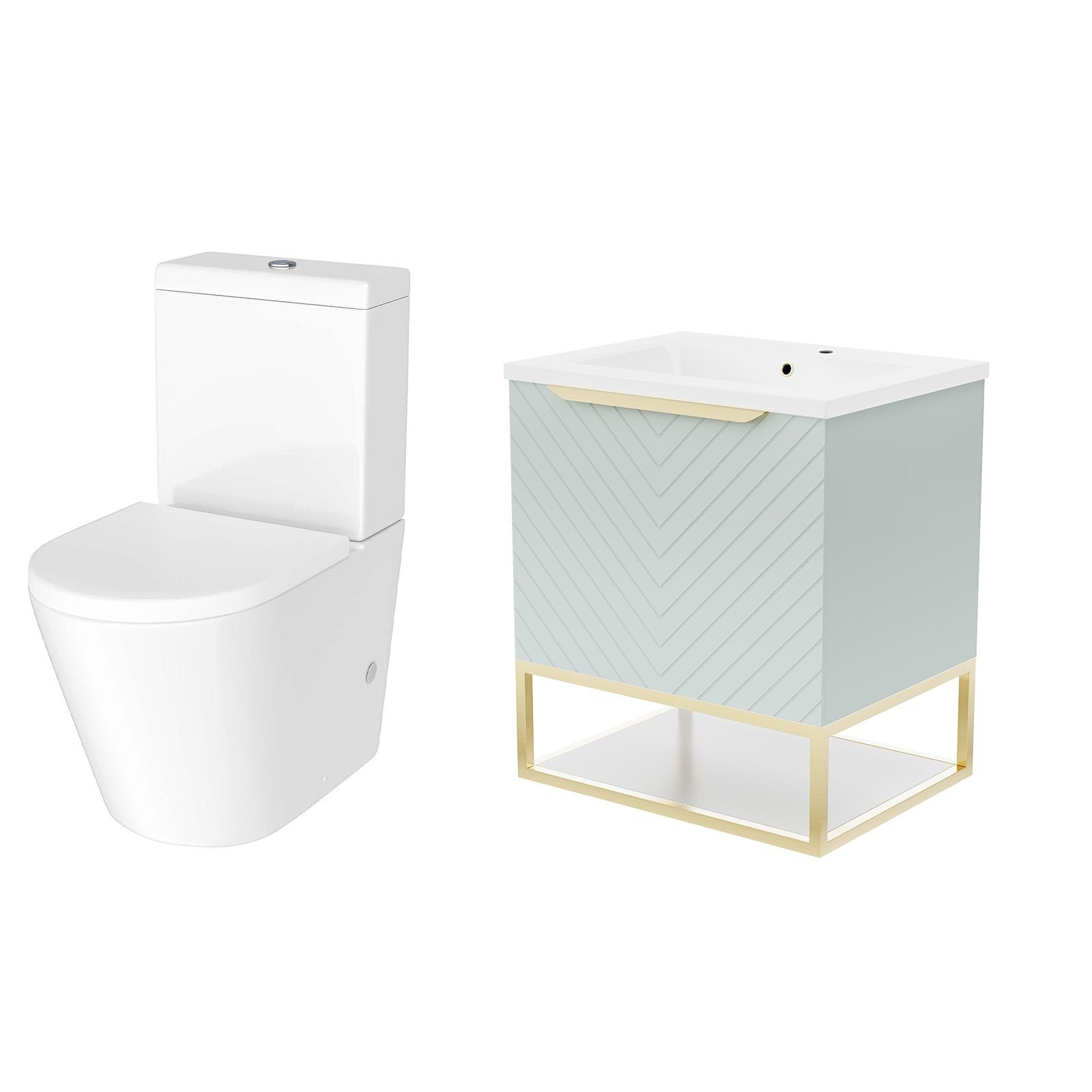 Roxy Green 600mm Basin Vanity Brushed Brass Frame & Close Coupled Toilet